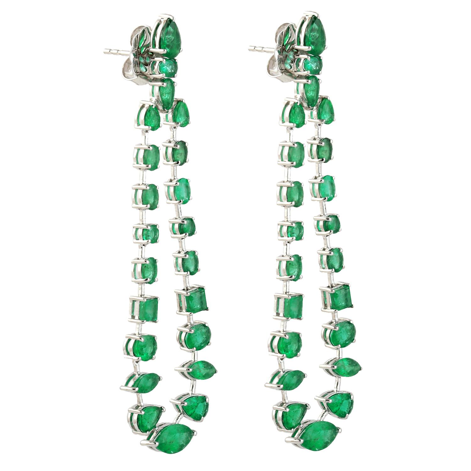 Mixed Cut Multi Shaped Zambian Emerald Chandelier Earring Made in 18k White Gold For Sale