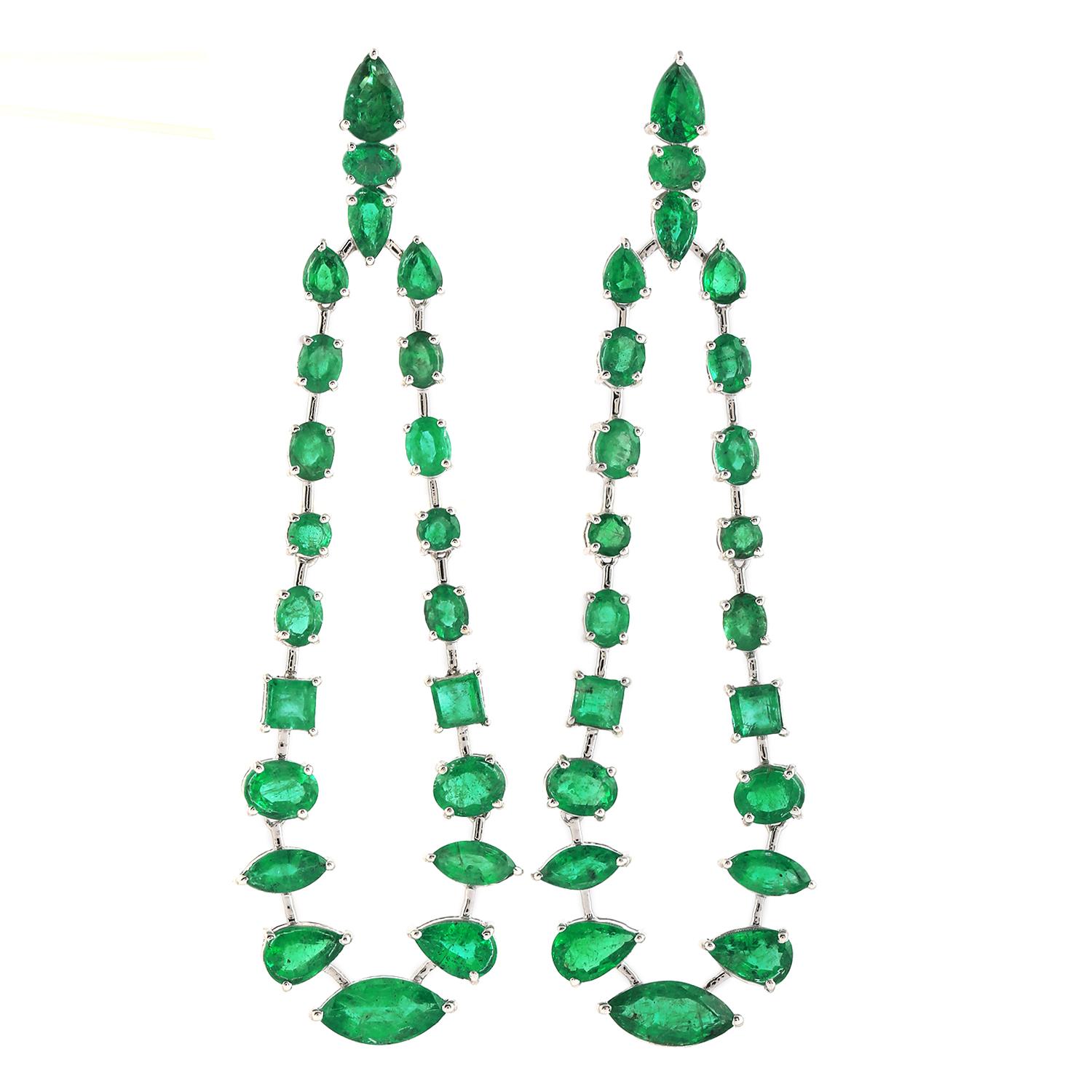 Multi Shaped Zambian Emerald Chandelier Earring Made in 18k White Gold In New Condition For Sale In New York, NY