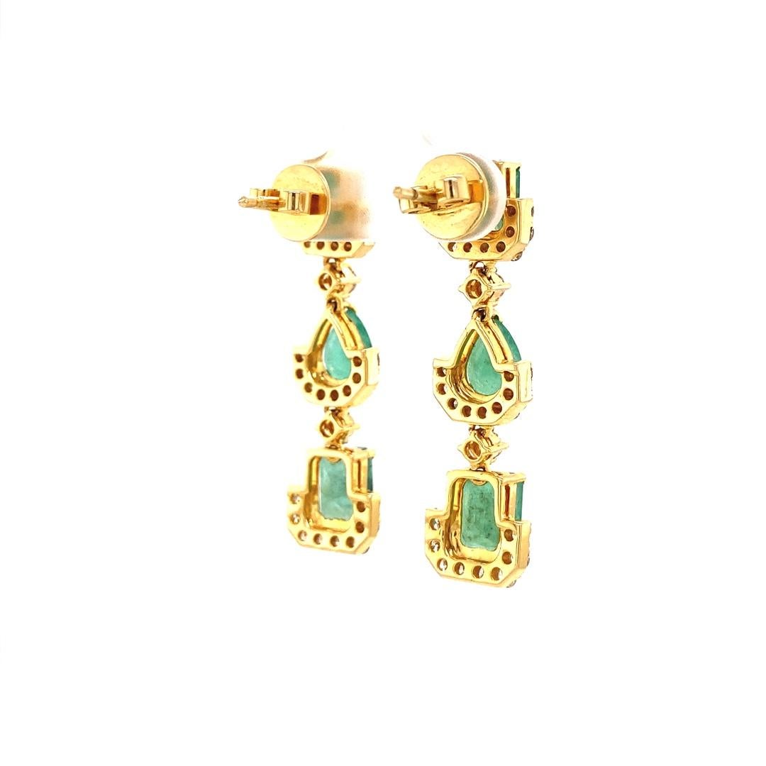 Art Deco Multi Shapes Emerald Gemstone Dangle Drop Earrings in 18K Solid Gold For Sale
