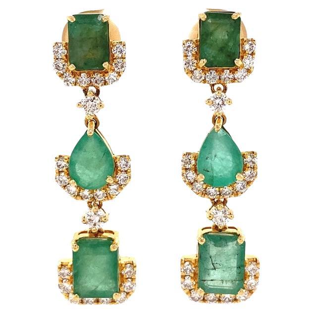 Multi Shapes Emerald Gemstone Dangle Drop Earrings in 18K Solid Gold For Sale