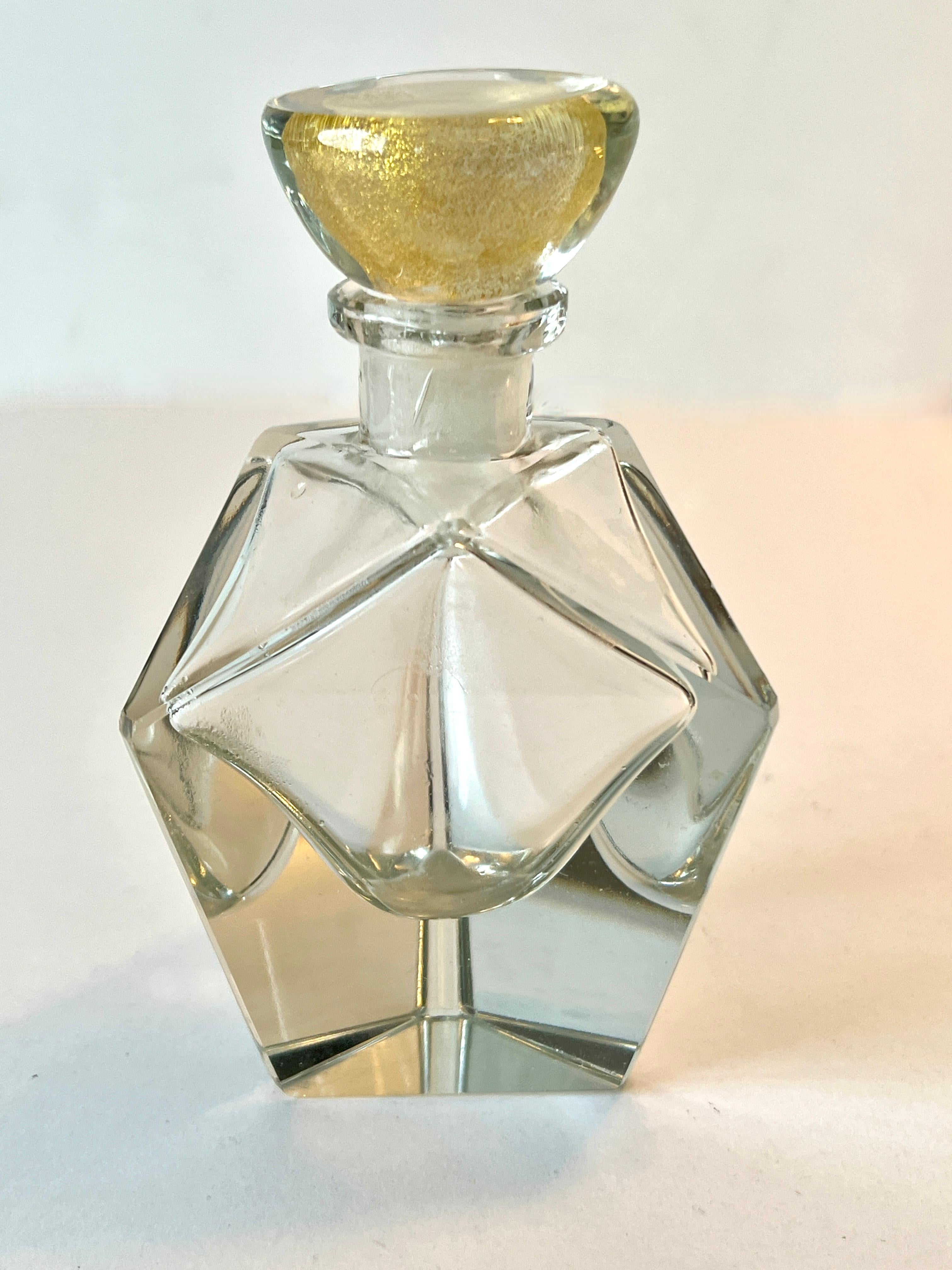 Hand-Crafted Multi Sided Crystal Perfume Bottle with Gold Leaf Speck Stopper For Sale