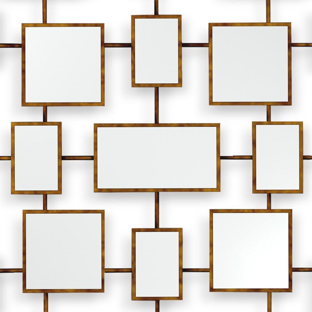 Forged Multi Squares Mirror in Solid Mahogany in Antique Gold Finish For Sale