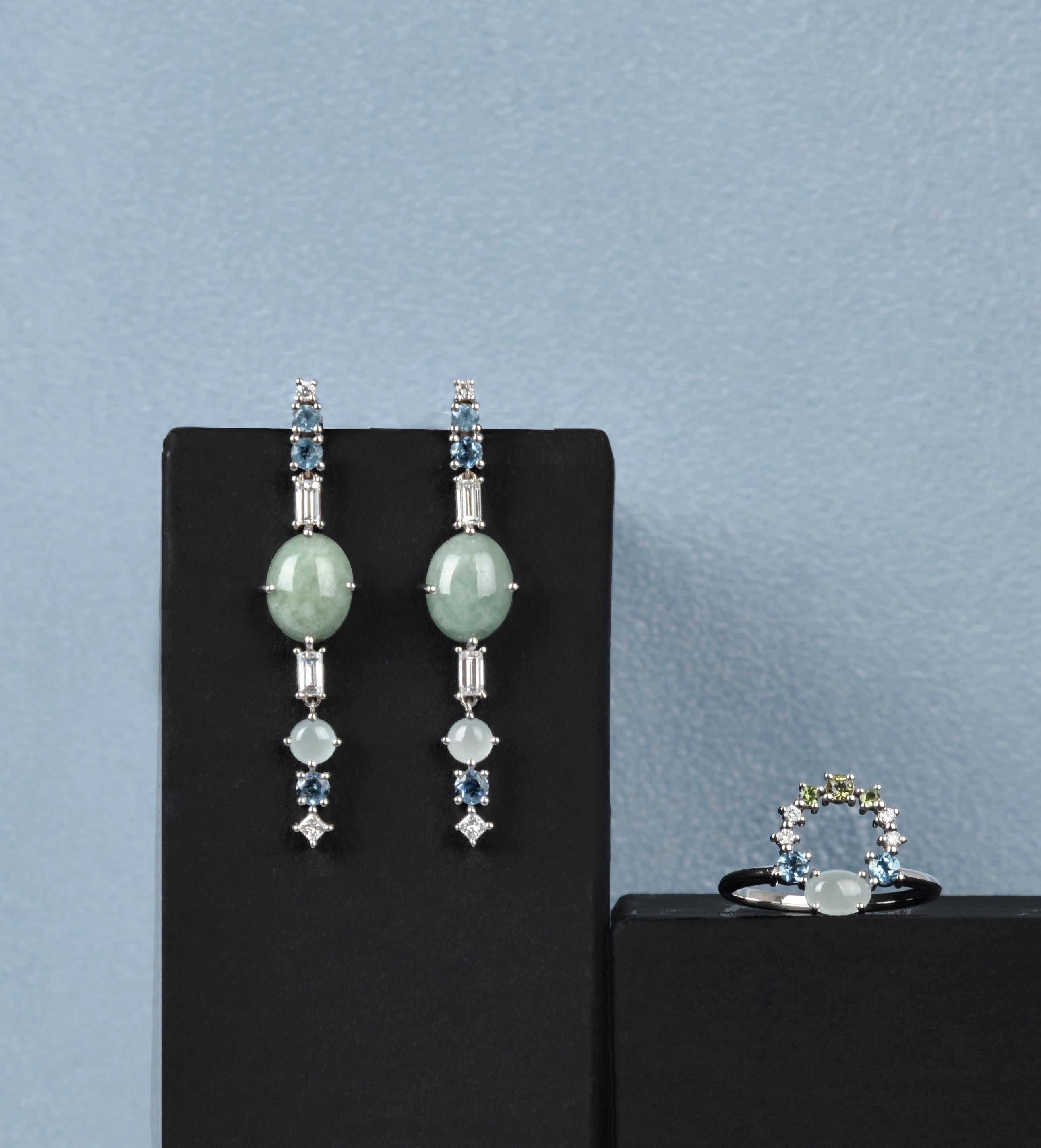 Contemporary Multi-Stone 18 Karat Gold Earrings with Jadeites, Aquamarines and Diamonds