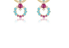 Multi-Stone 18 Karat Gold Earrings with Pink Sapphires, Diamonds, Turquoise