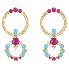 Multi-Stone 18 Karat Gold Earrings with Pink Sapphires, Diamonds, Turquoise
