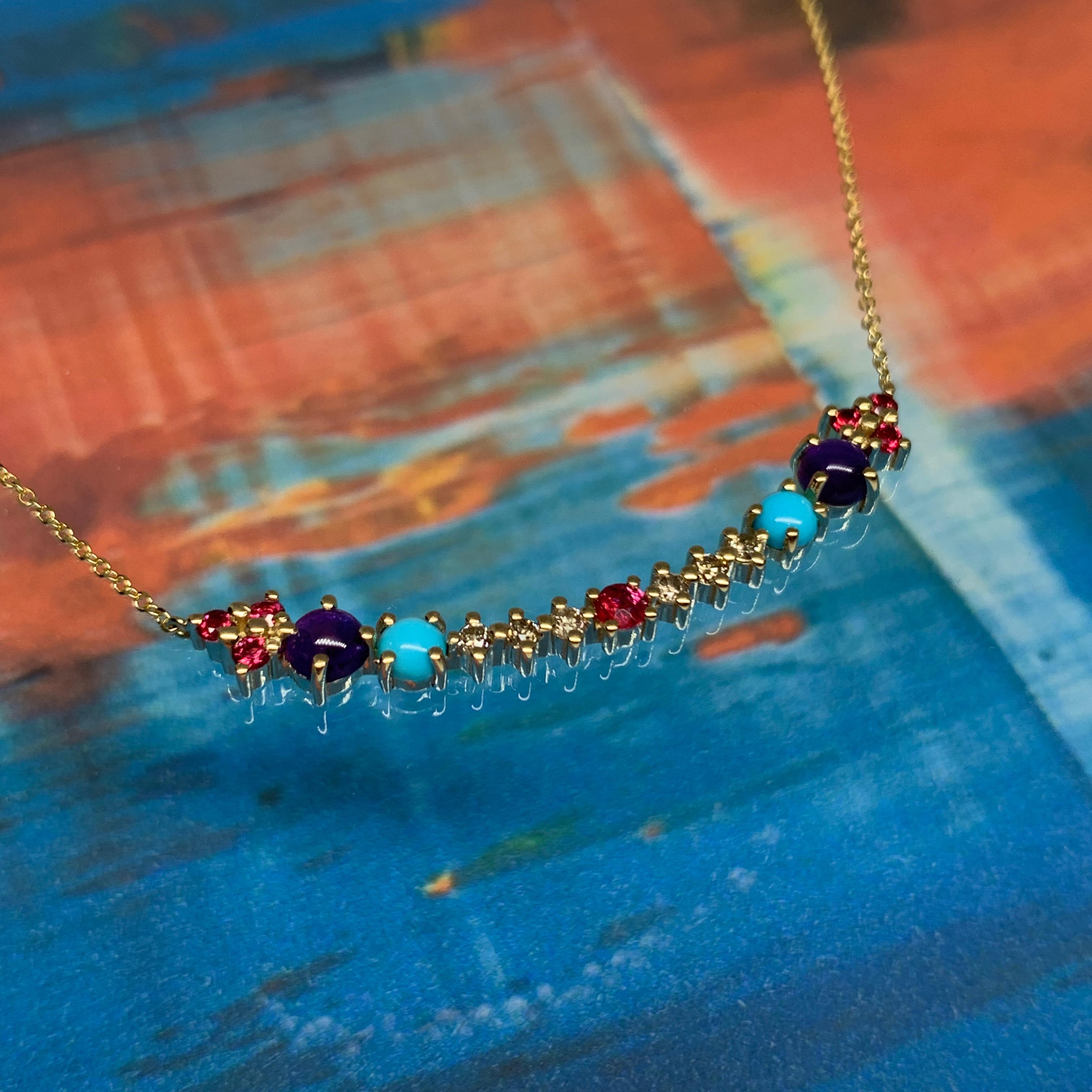 Contemporary Multi-Stone 18 Karat Gold Necklace with Diamonds, Amethysts, Turquoise, Spinels