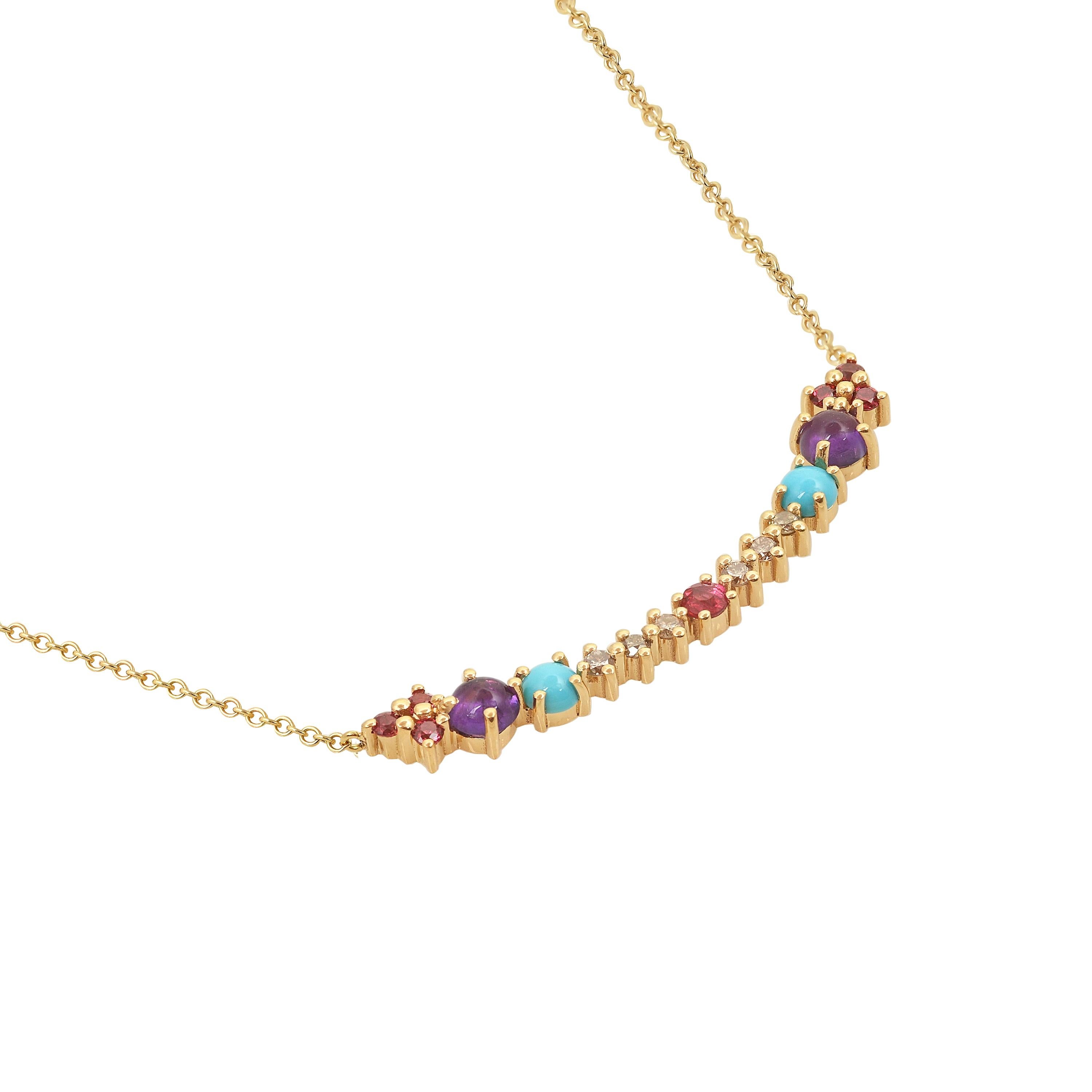 Designer: Alexia Gryllaki
Dimensions: L37x6mm, chain 420mm and a second link at 400mm
Weight: approximately 2.5g  
Barcode: OFS021

Multi-stone necklace in 18 karat yellow gold with round faceted amethysts approx. 0.28cts, round faceted spinels