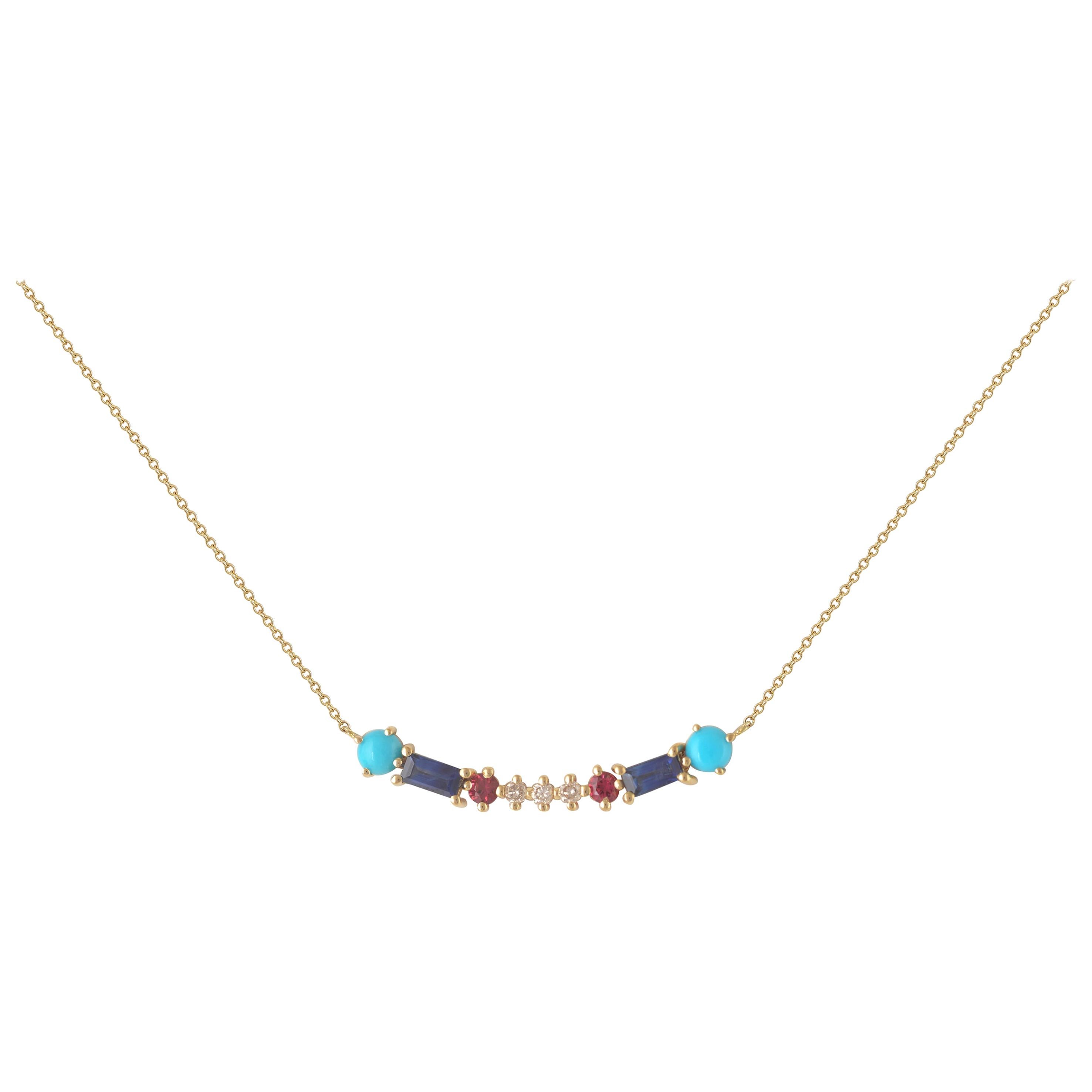 Multi-Stone 18 Karat Gold Necklace with Diamonds, Turquoise, Sapphires, Spinels