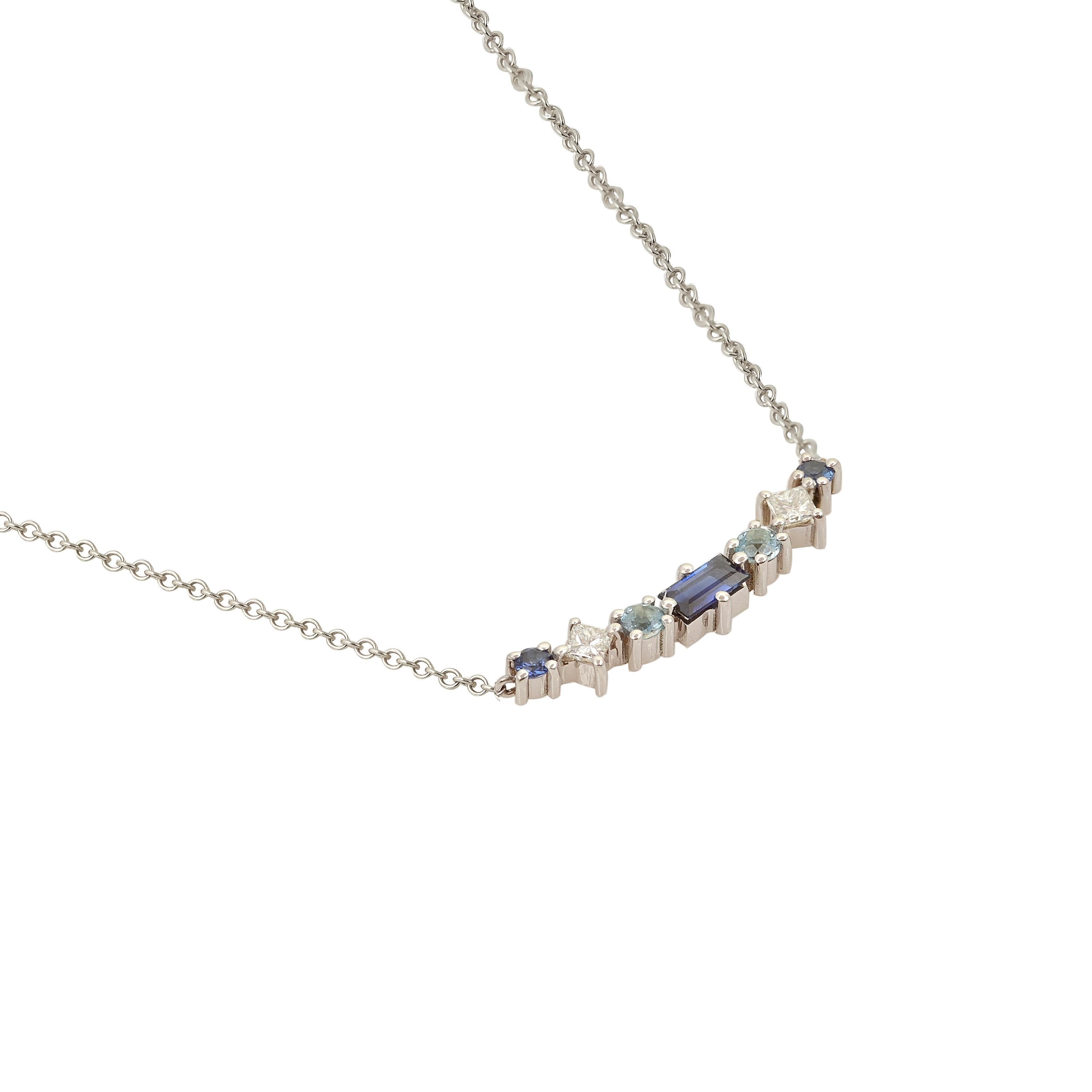 Designer: Alexia Gryllaki
Dimensions: L20x5mm, chain 420mm and a second link at 400mm
Weight: approximately 1.6g  
Barcode: OFS026

Multi-stone necklace in 18 karat white, yellow or rose gold with baguette and round faceted sapphires approx.