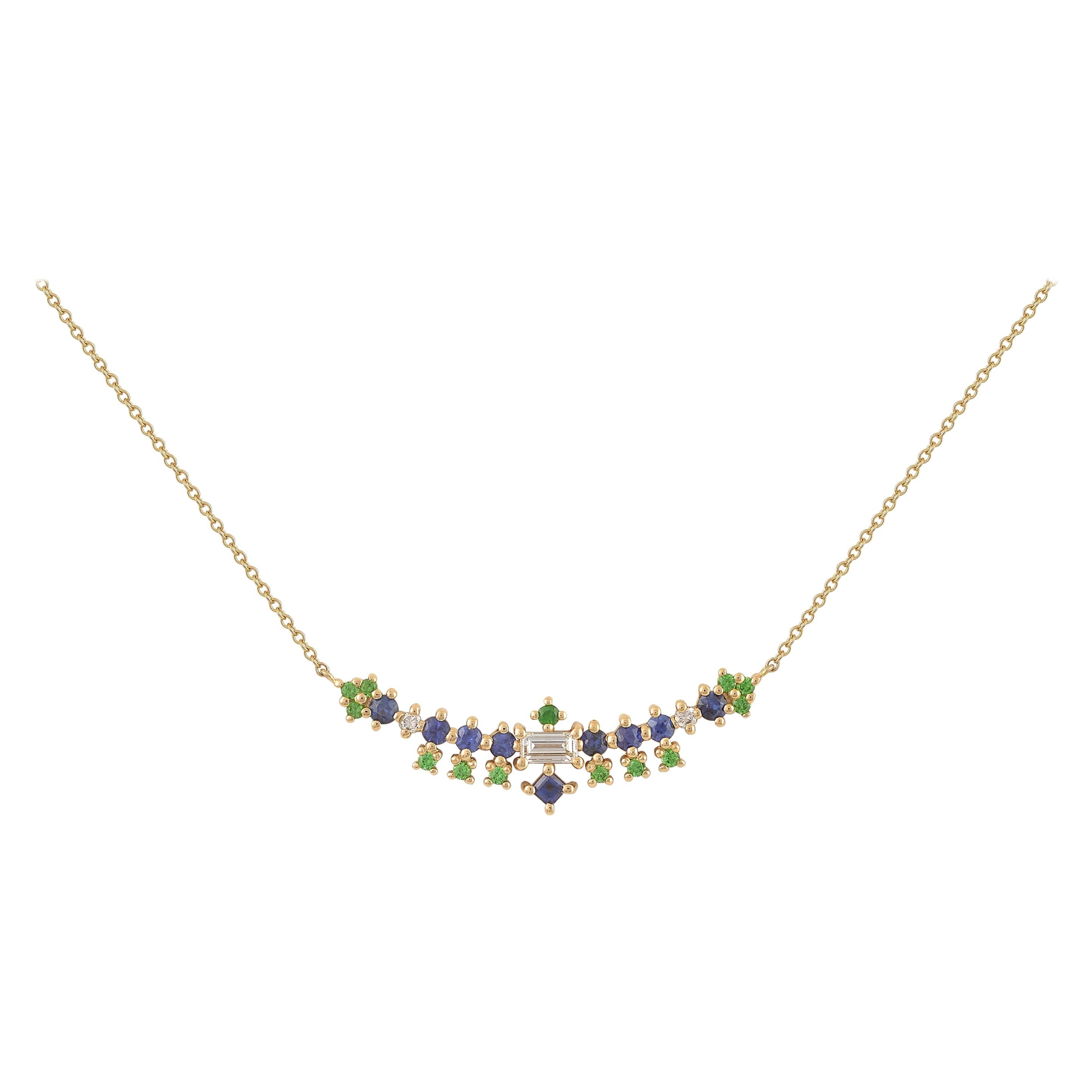 MultiStone 18 Karat Gold Necklace with Sapphires, Aquamarines and