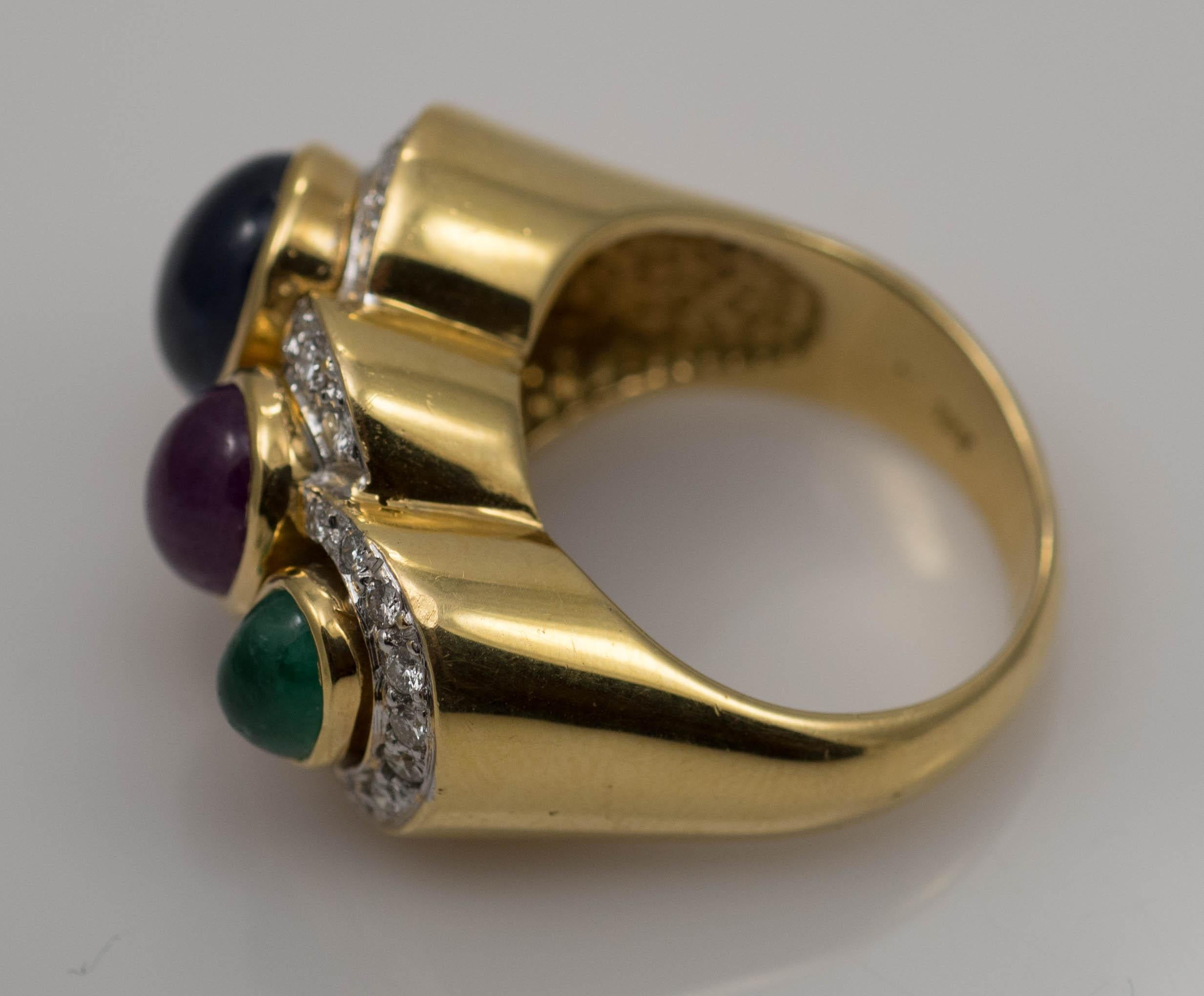Women's or Men's Multi-Stone 18 Karat Yellow Gold Sapphire Ruby and Emerald with Diamonds Ring