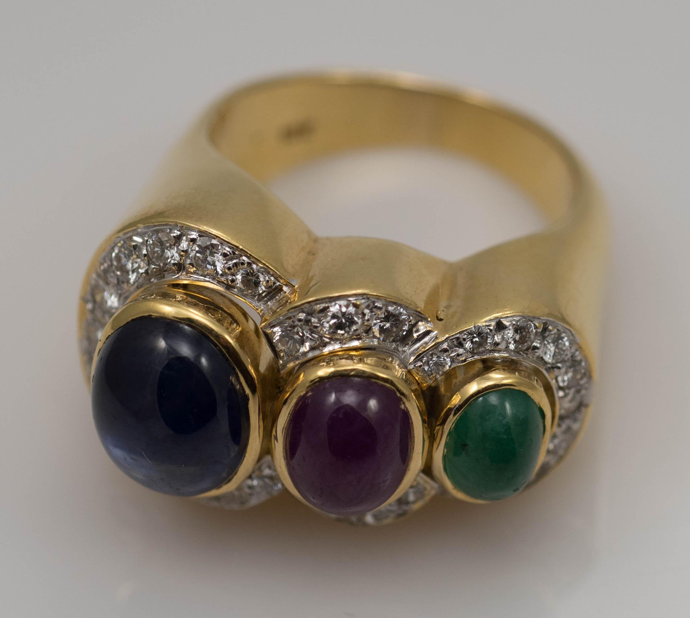 Multi-Stone 18 Karat Yellow Gold Sapphire Ruby and Emerald with Diamonds Ring 1