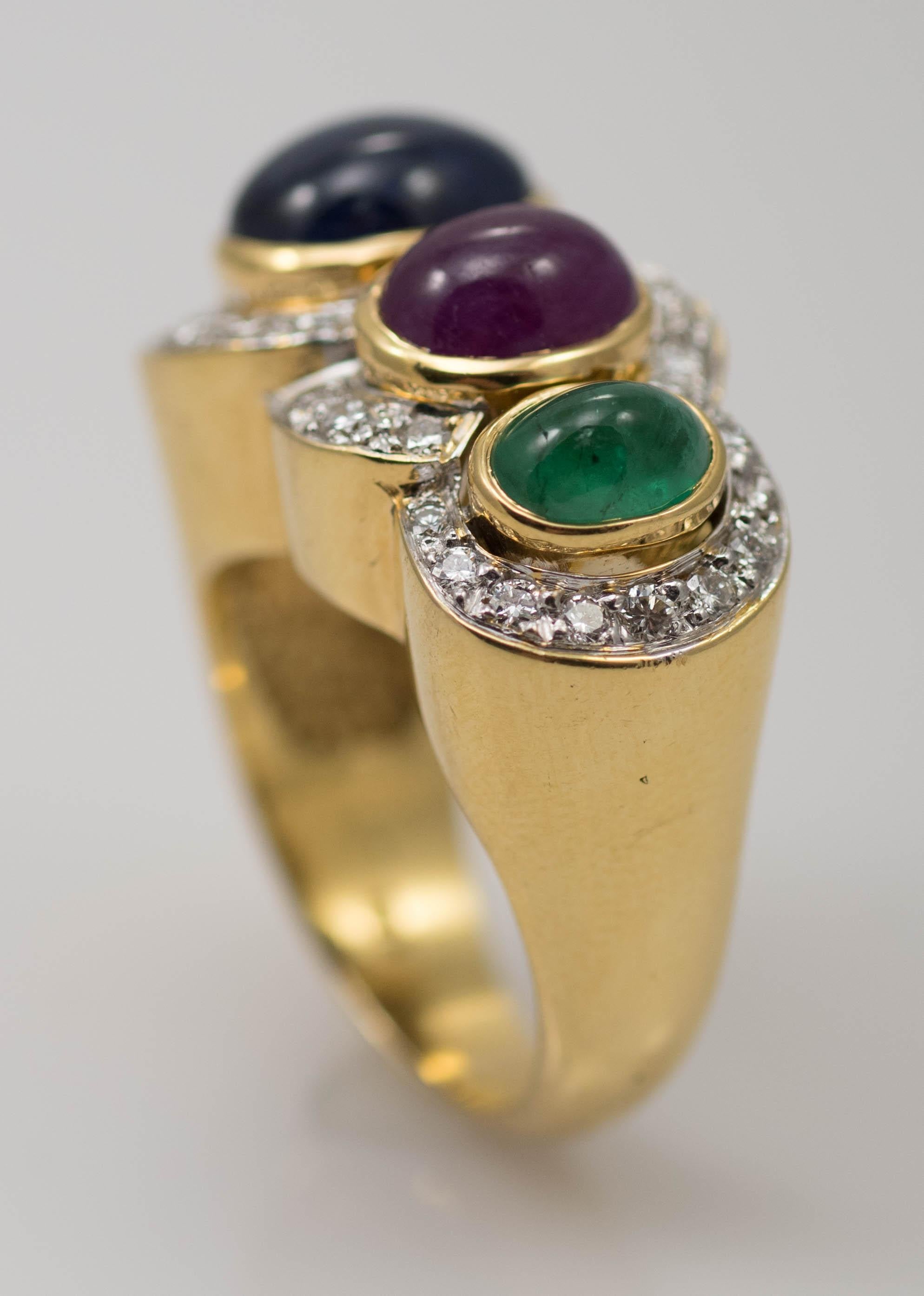 Multi-Stone 18 Karat Yellow Gold Sapphire Ruby and Emerald with Diamonds Ring 2