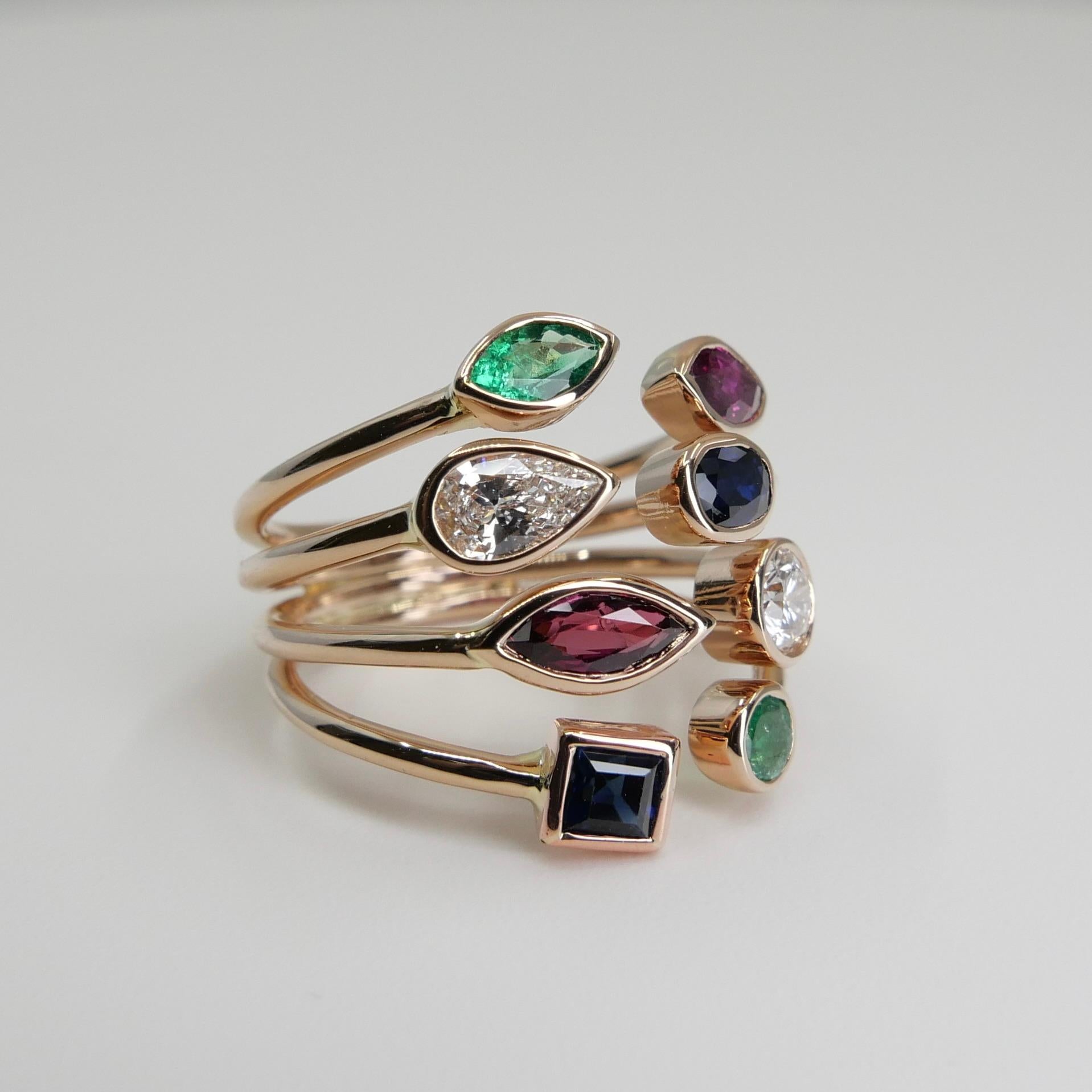 Multi Stone 18K Rose Gold Diamond, Emeralds, Sapphires and Rubies Cocktail Ring For Sale 7