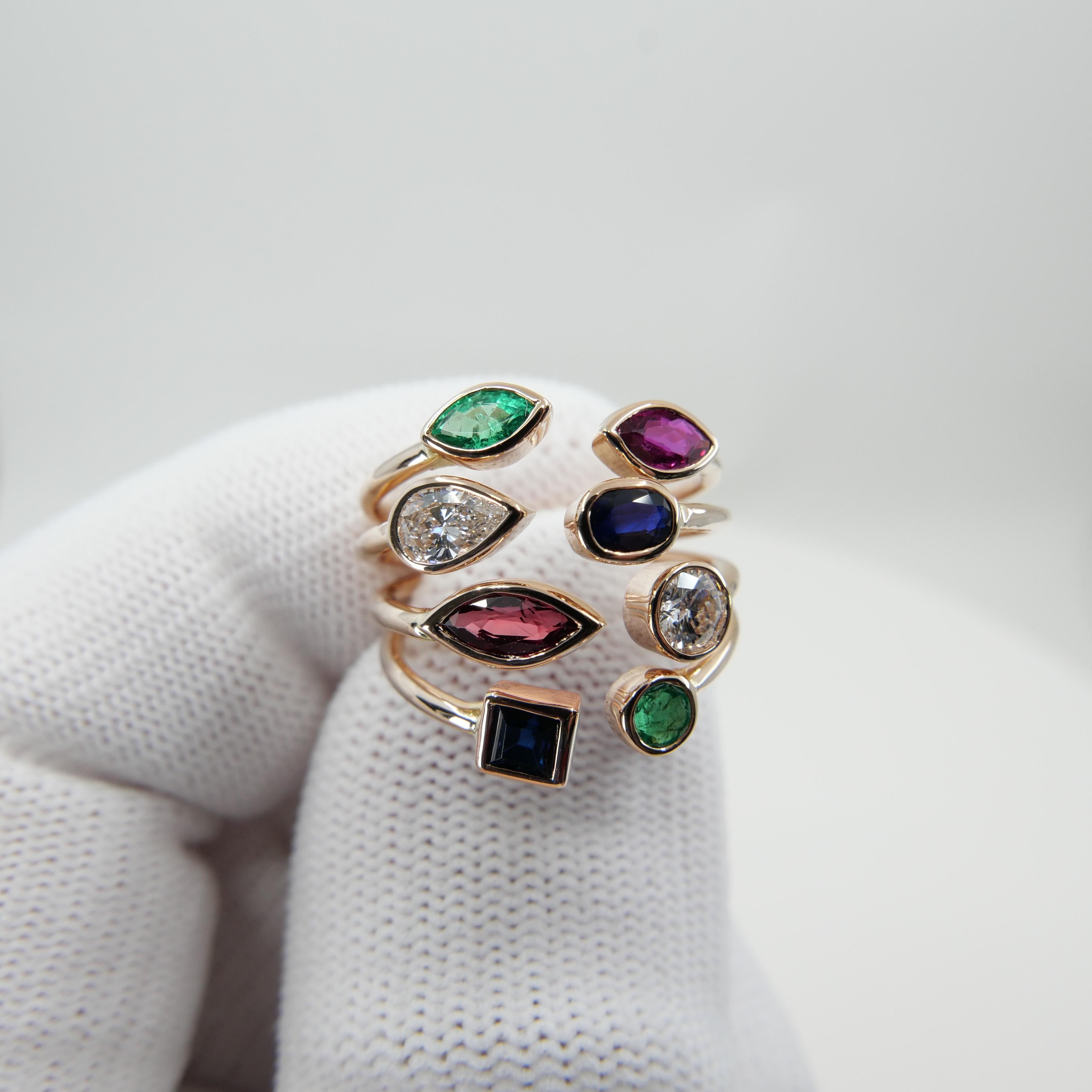 Multi Stone 18K Rose Gold Diamond, Emeralds, Sapphires and Rubies Cocktail Ring For Sale 2