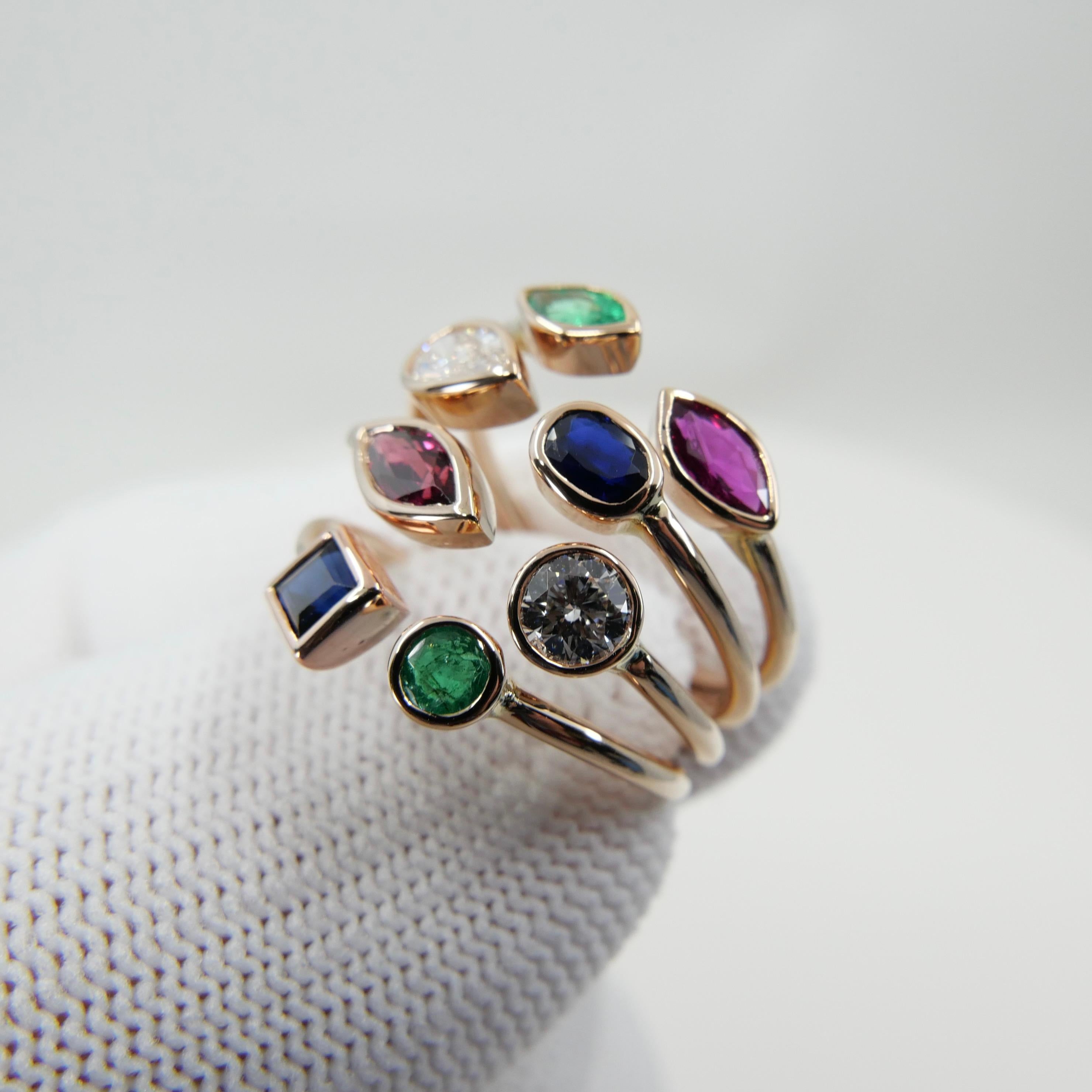 Multi Stone 18K Rose Gold Diamond, Emeralds, Sapphires and Rubies Cocktail Ring In New Condition For Sale In Hong Kong, HK