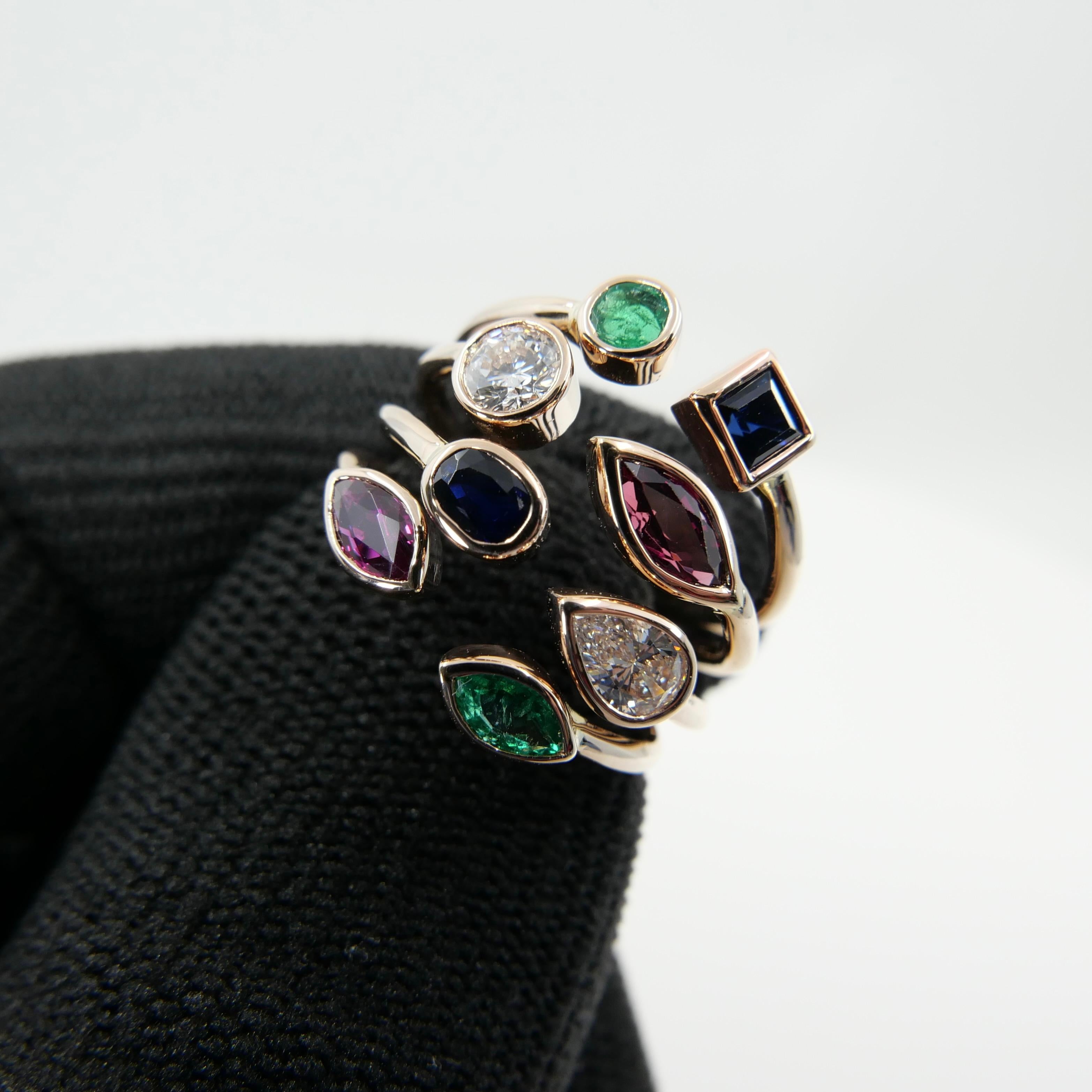 Multi Stone 18K Rose Gold Diamond, Emeralds, Sapphires and Rubies Cocktail Ring For Sale 1