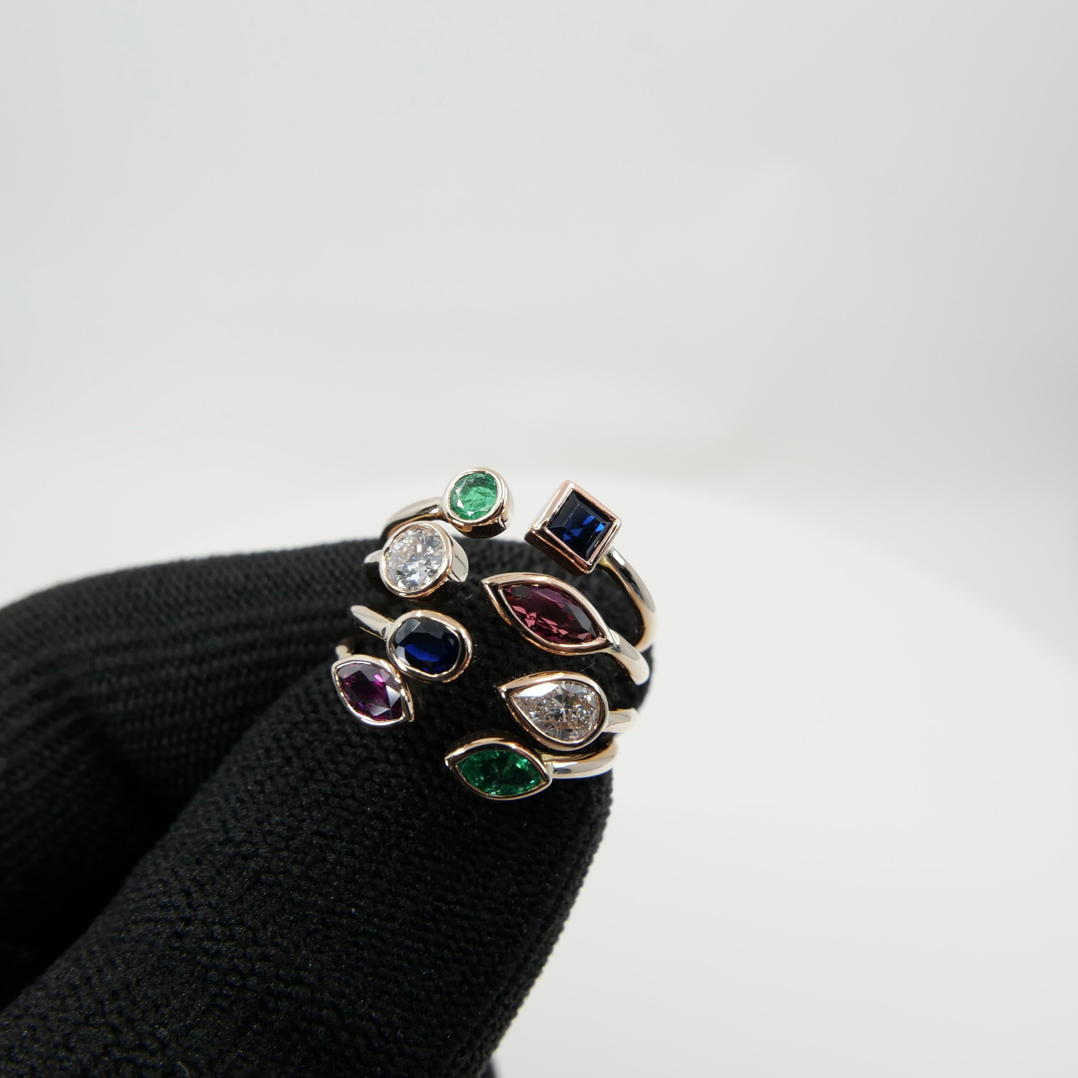 Multi Stone 18K Rose Gold Diamond, Emeralds, Sapphires and Rubies Cocktail Ring For Sale 4