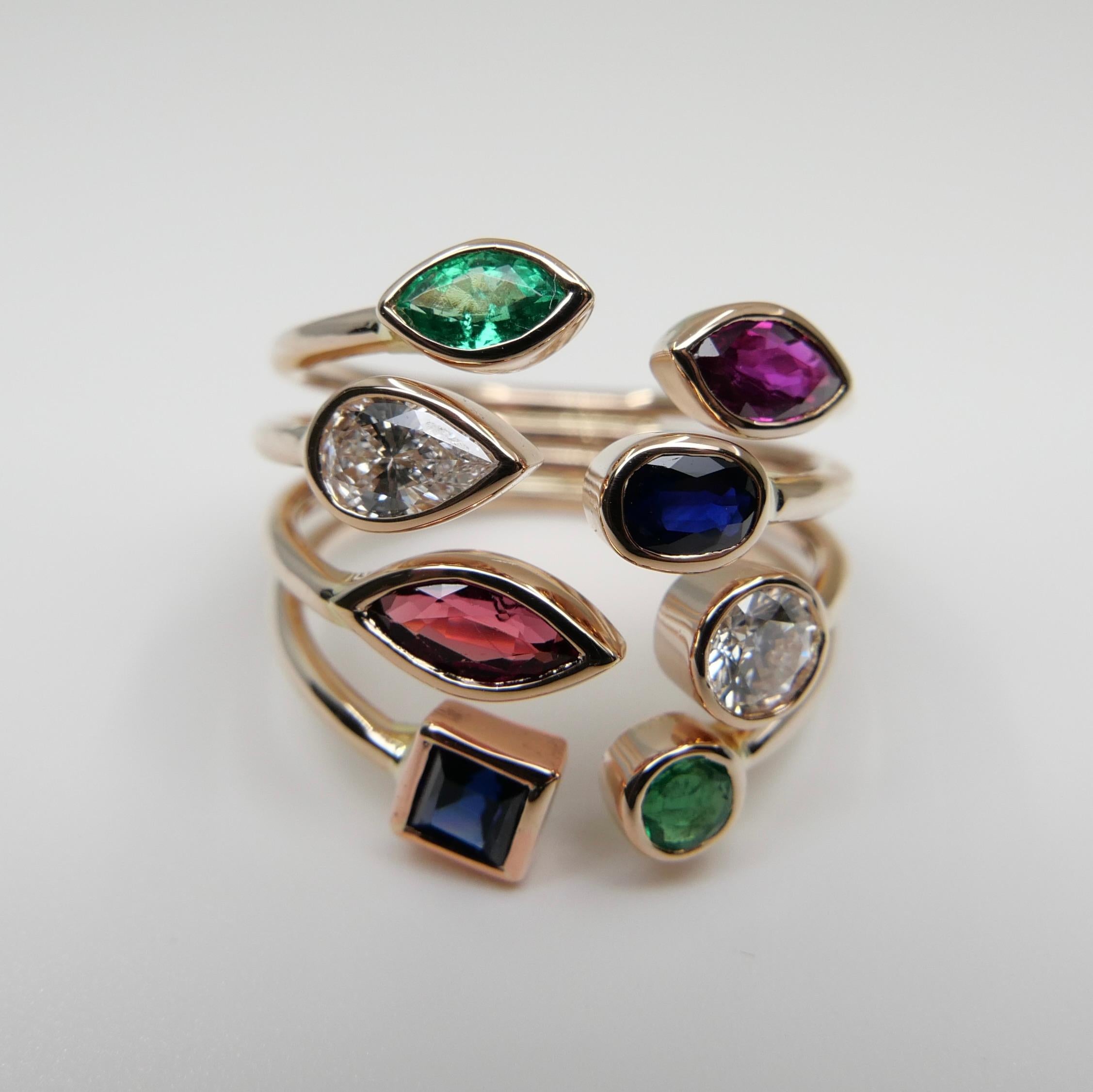 Round Cut Multi Stone 18K Rose Gold Diamond, Emeralds, Sapphires and Rubies Cocktail Ring For Sale