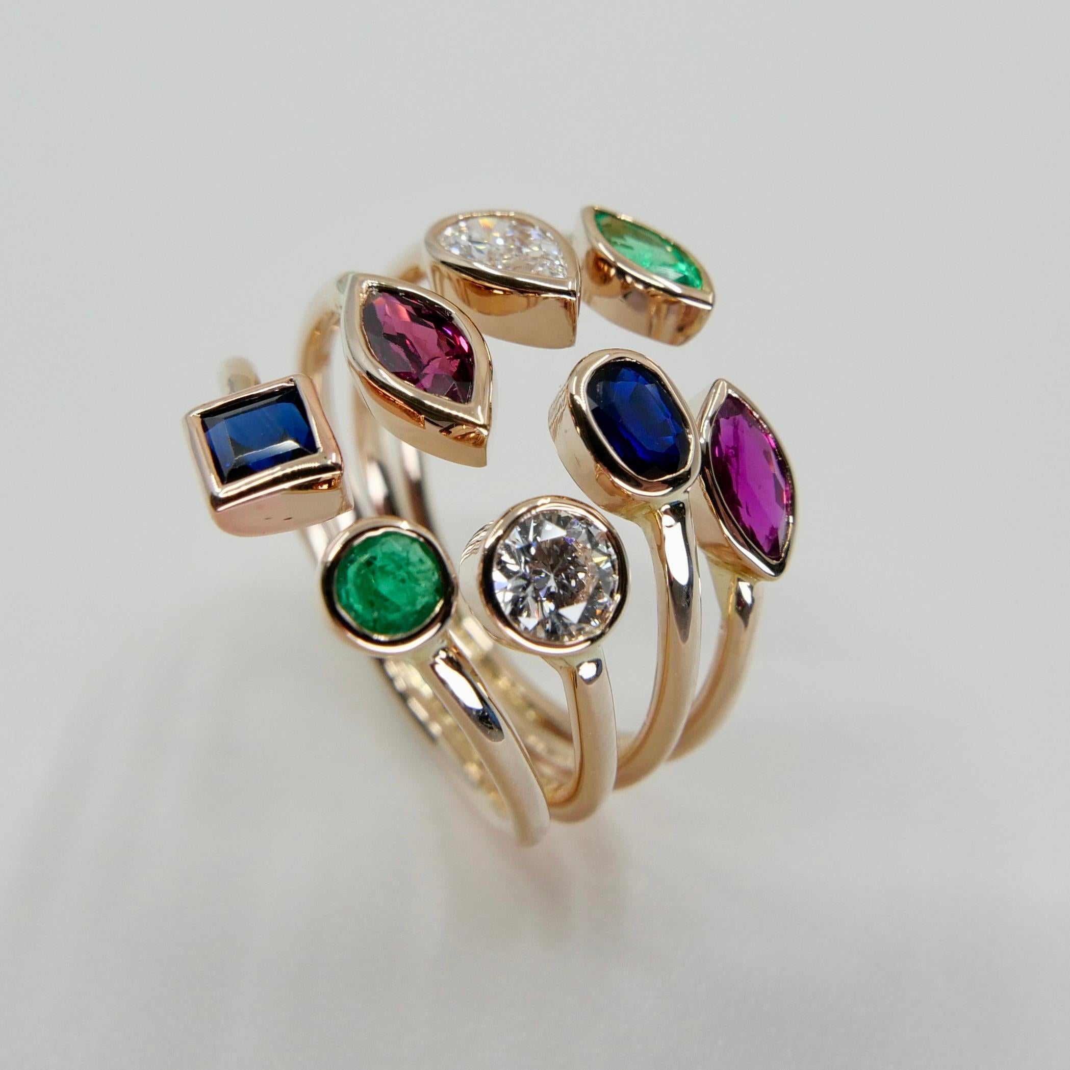 Contemporary Multi Stone 18K Rose Gold Diamond, Emeralds, Sapphires and Rubies Cocktail Ring For Sale