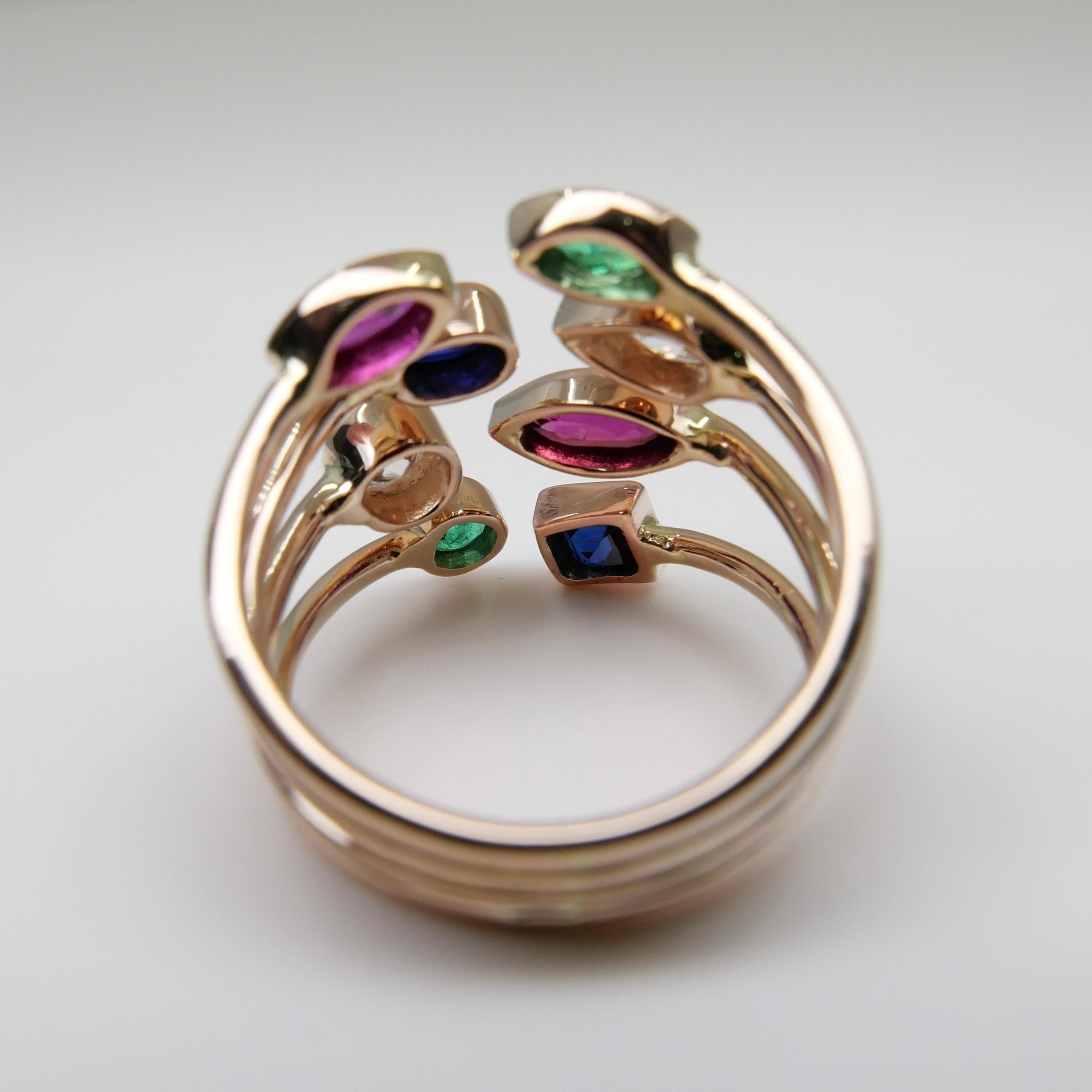 Multi Stone 18K Rose Gold Diamond, Emeralds, Sapphires and Rubies Cocktail Ring For Sale 3