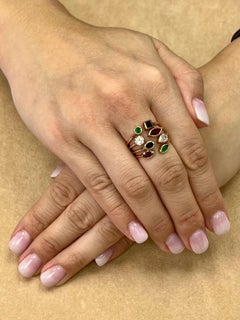 Multi Stone 18K Rose Gold Diamond, Emeralds, Sapphires and Rubies Cocktail Ring