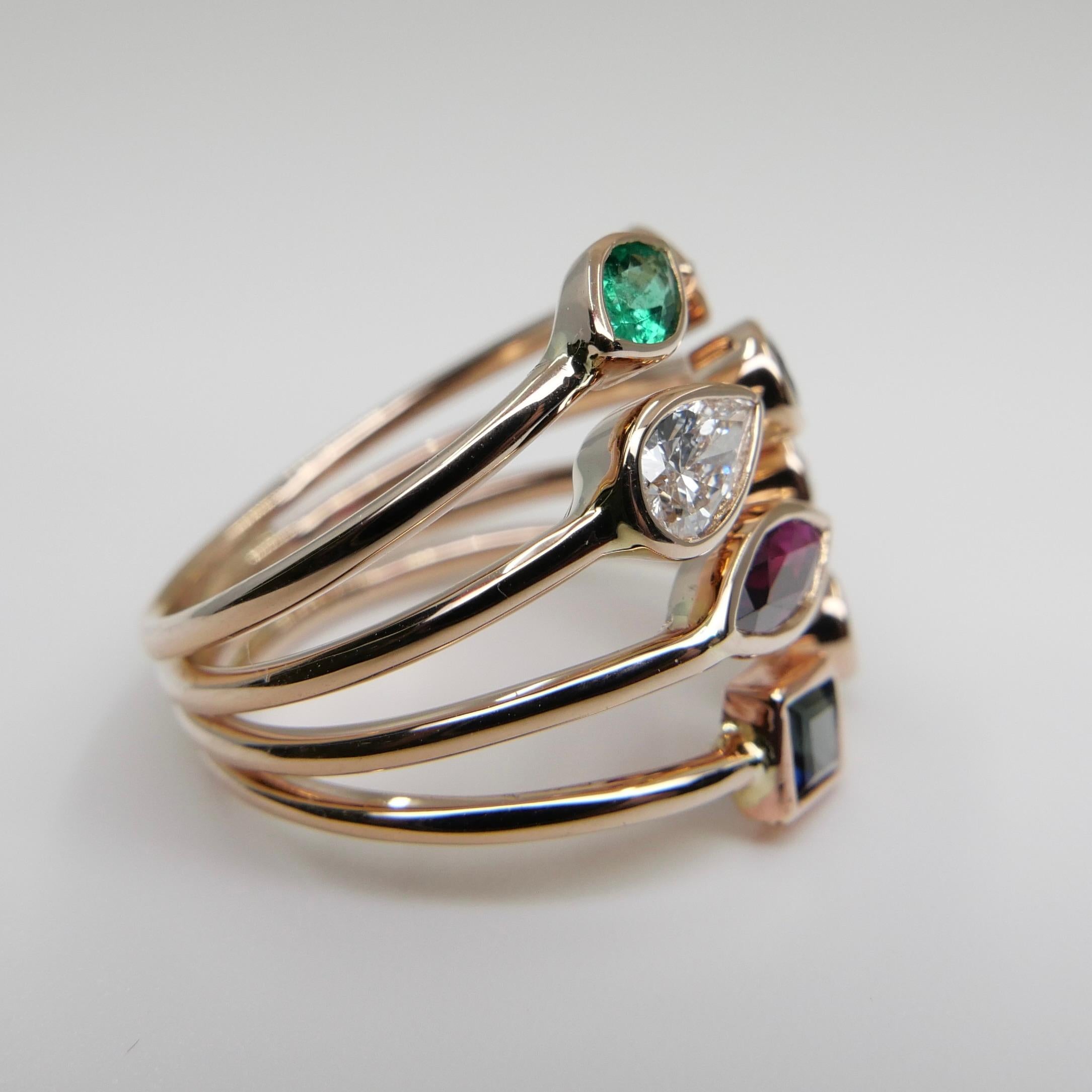 Multi Stone 18K Rose Gold Diamond, Emeralds, Sapphires and Rubies Cocktail Ring For Sale 5