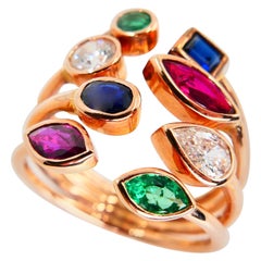 Multi Stone 18K Rose Gold Diamond, Emeralds, Sapphires and Rubies Cocktail Ring