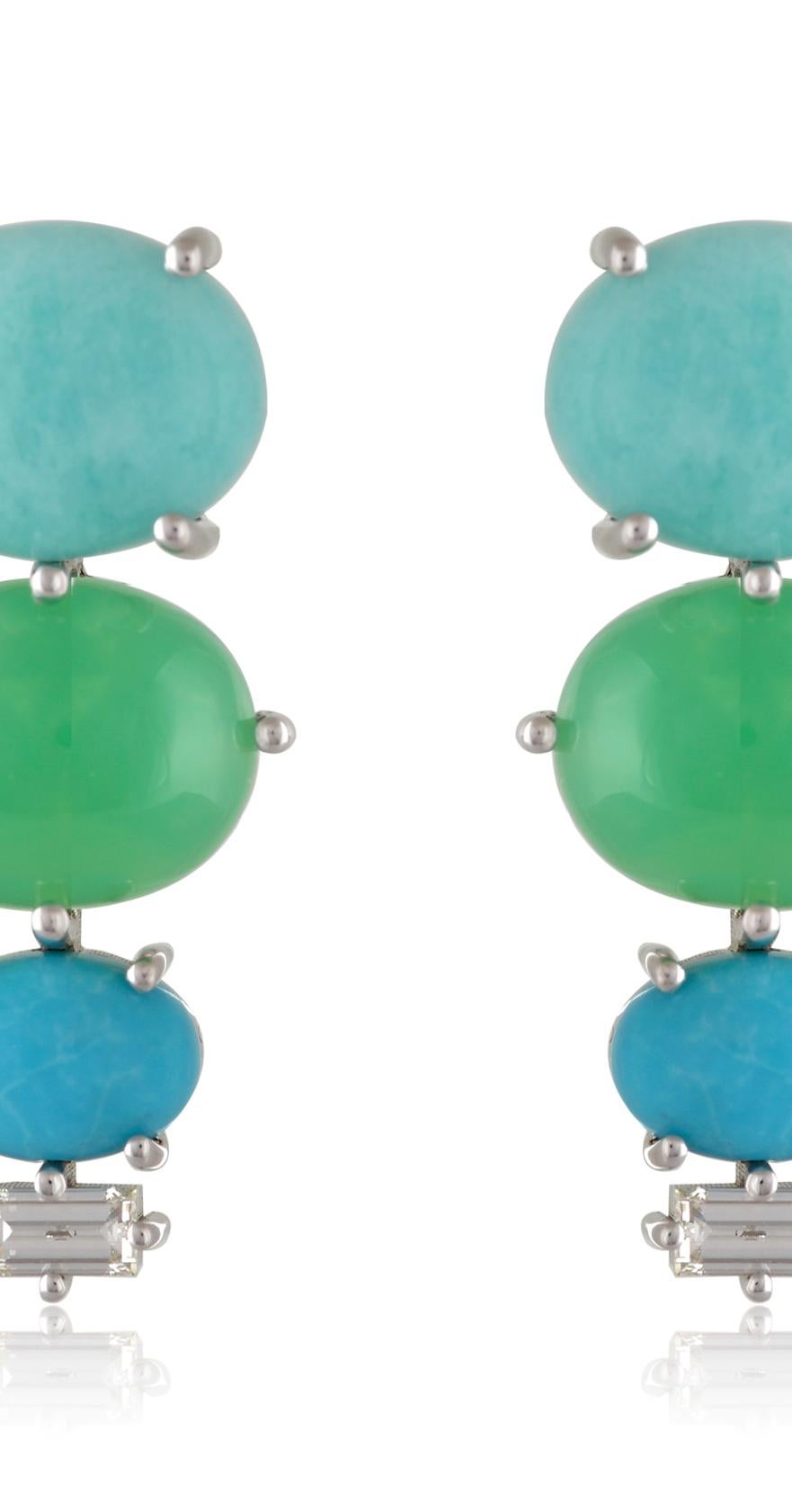 Designer: Alexia Gryllaki
Dimensions: L24x10mm
Weight: approximately 6.1g (pair)  
Barcode: OFS032

Multi-stone earrings in 18 karat white gold with oval cabochon amazonites approx. 5.46cts, oval cabochon chrysopohrase approx. 4.90cts, oval cabochon