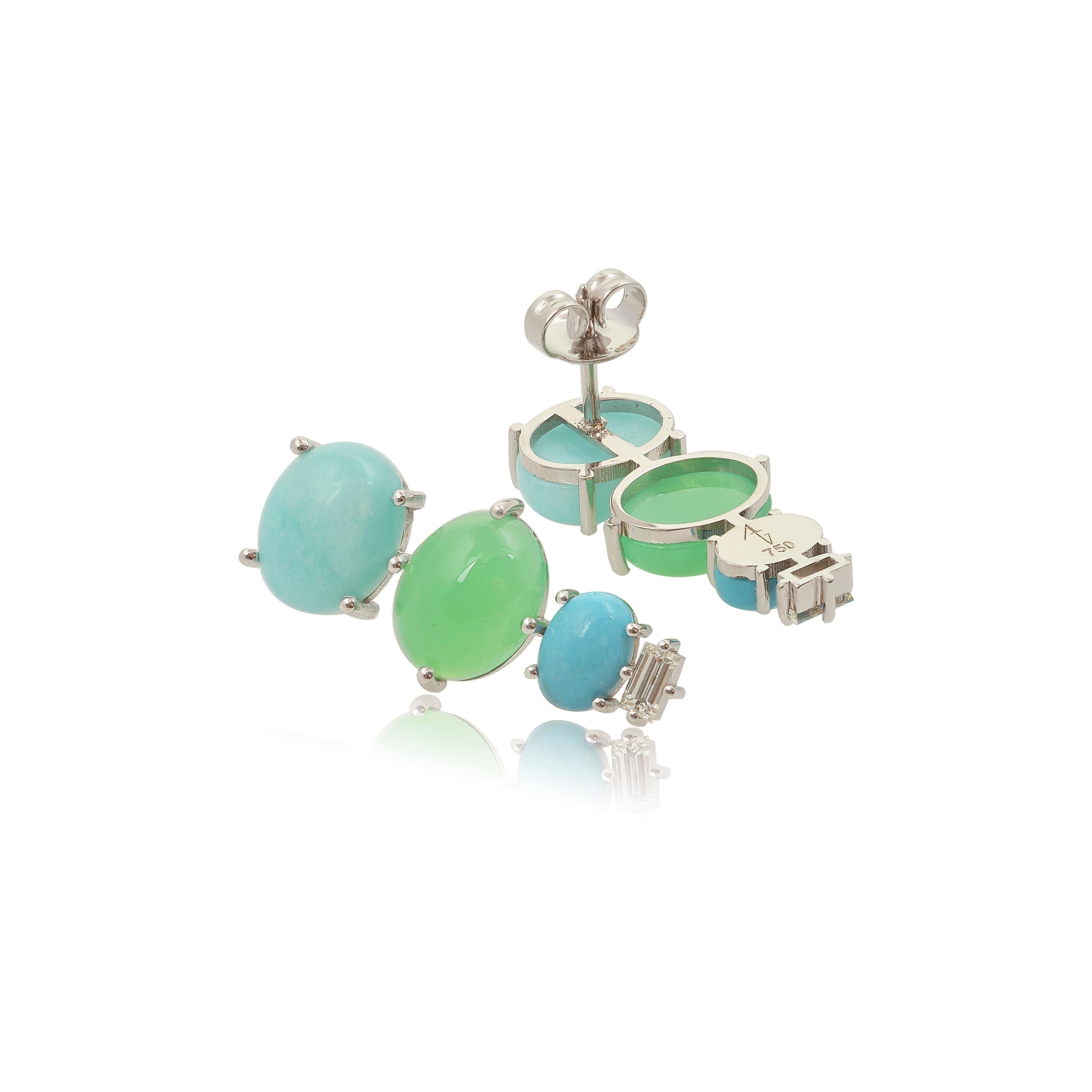 Contemporary Multi-Stone Amazonite, Chrysophrase, Turquoise and Diamond 18Karat Gold Earrings