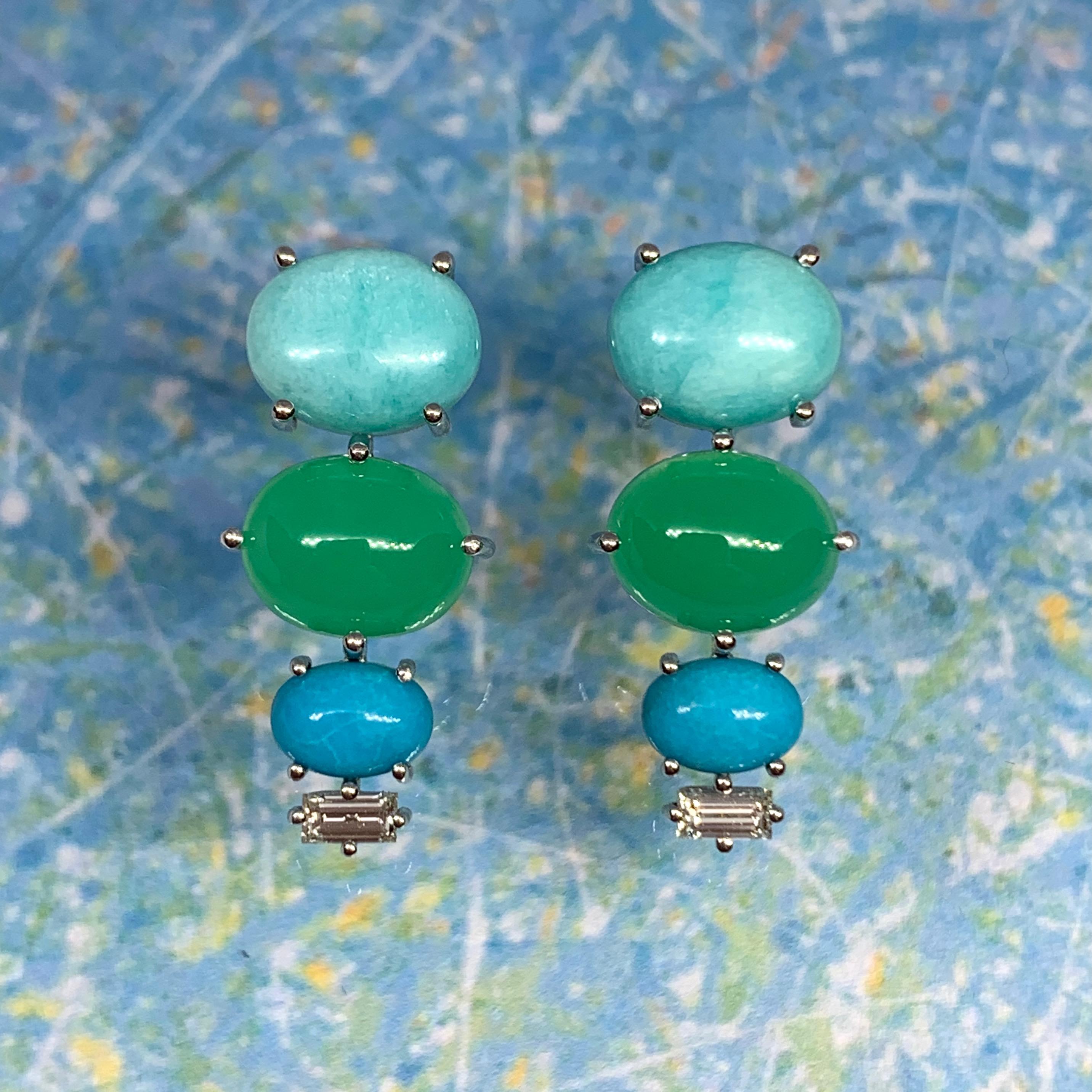 Multi-Stone Amazonite, Chrysophrase, Turquoise and Diamond 18Karat Gold Earrings In New Condition In Athens, Ekali