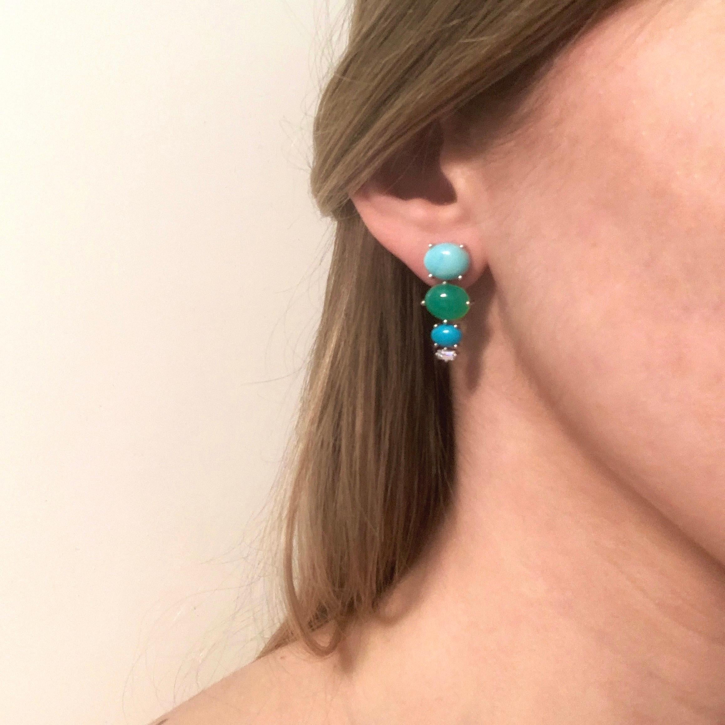Women's Multi-Stone Amazonite, Chrysophrase, Turquoise and Diamond 18Karat Gold Earrings