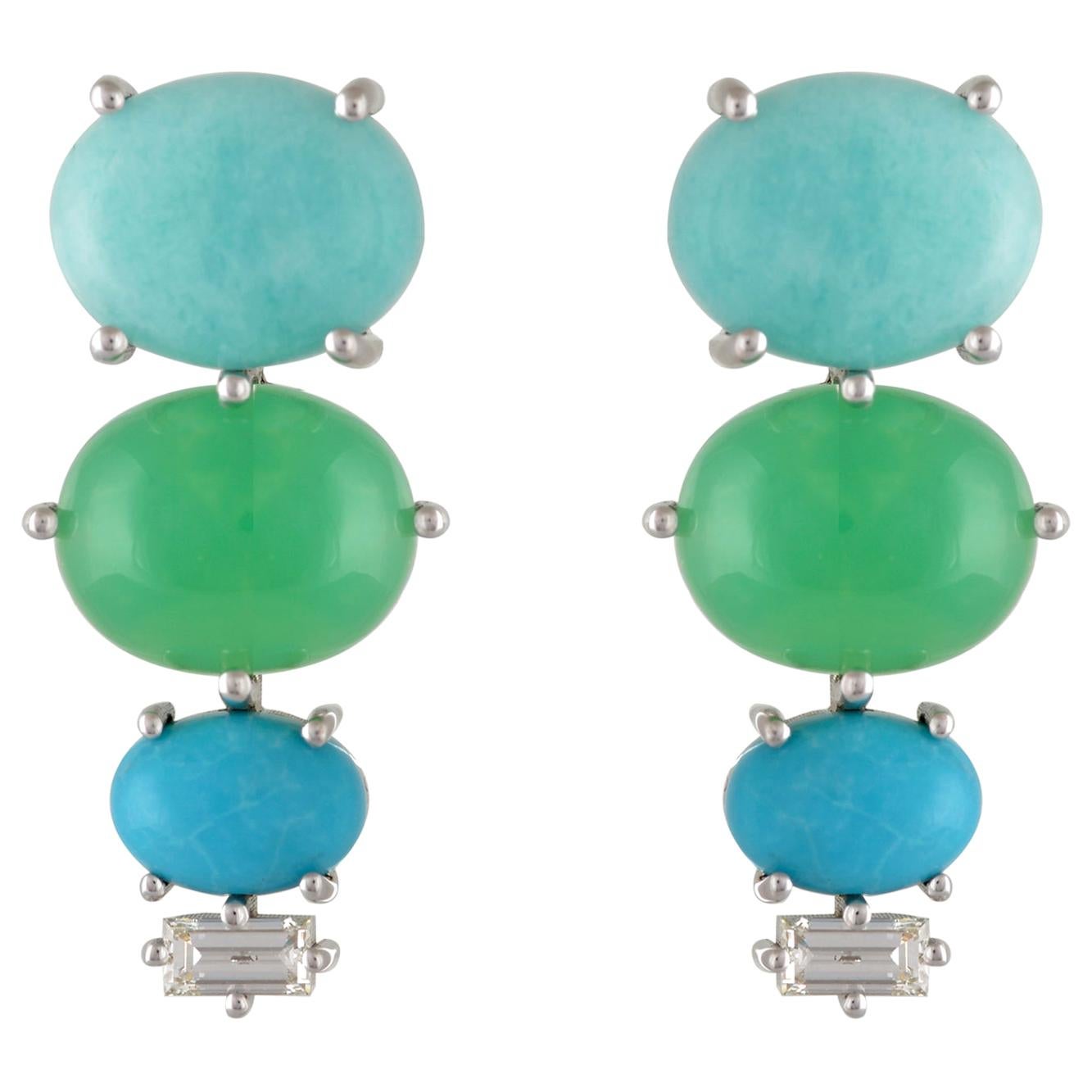 Multi-Stone Amazonite, Chrysophrase, Turquoise and Diamond 18Karat Gold Earrings