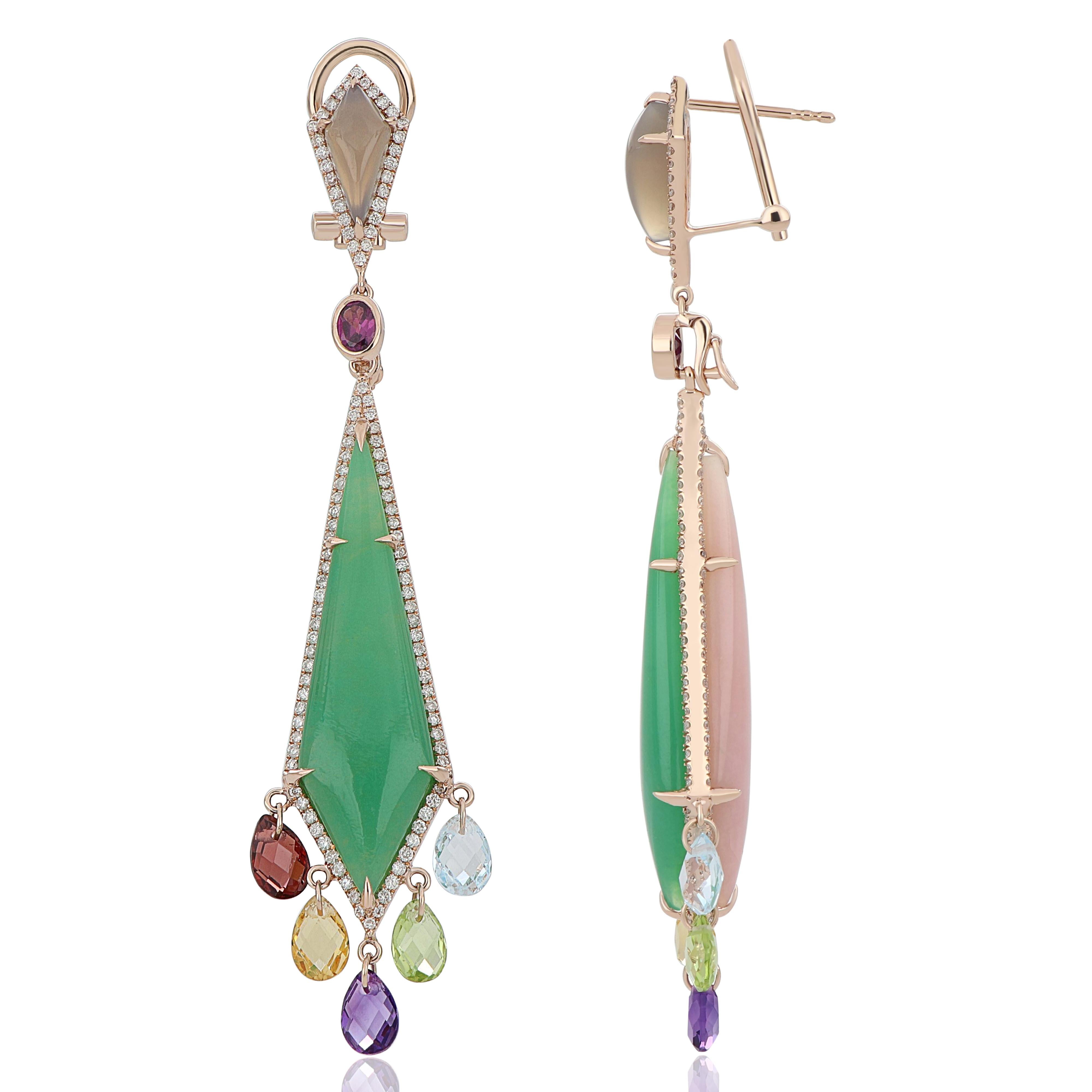 Elegant and exquisitely detailed 14 Karat Yellow Gold Earrings, adorned with Cabochon Kite Shaped  Fancy 12.65 Cts. Chrysoprase on the front side & 10. 54 Cts. Kite Shaped Fancy Pink Opal  on the back with micro pave set Diamonds weighing approx.