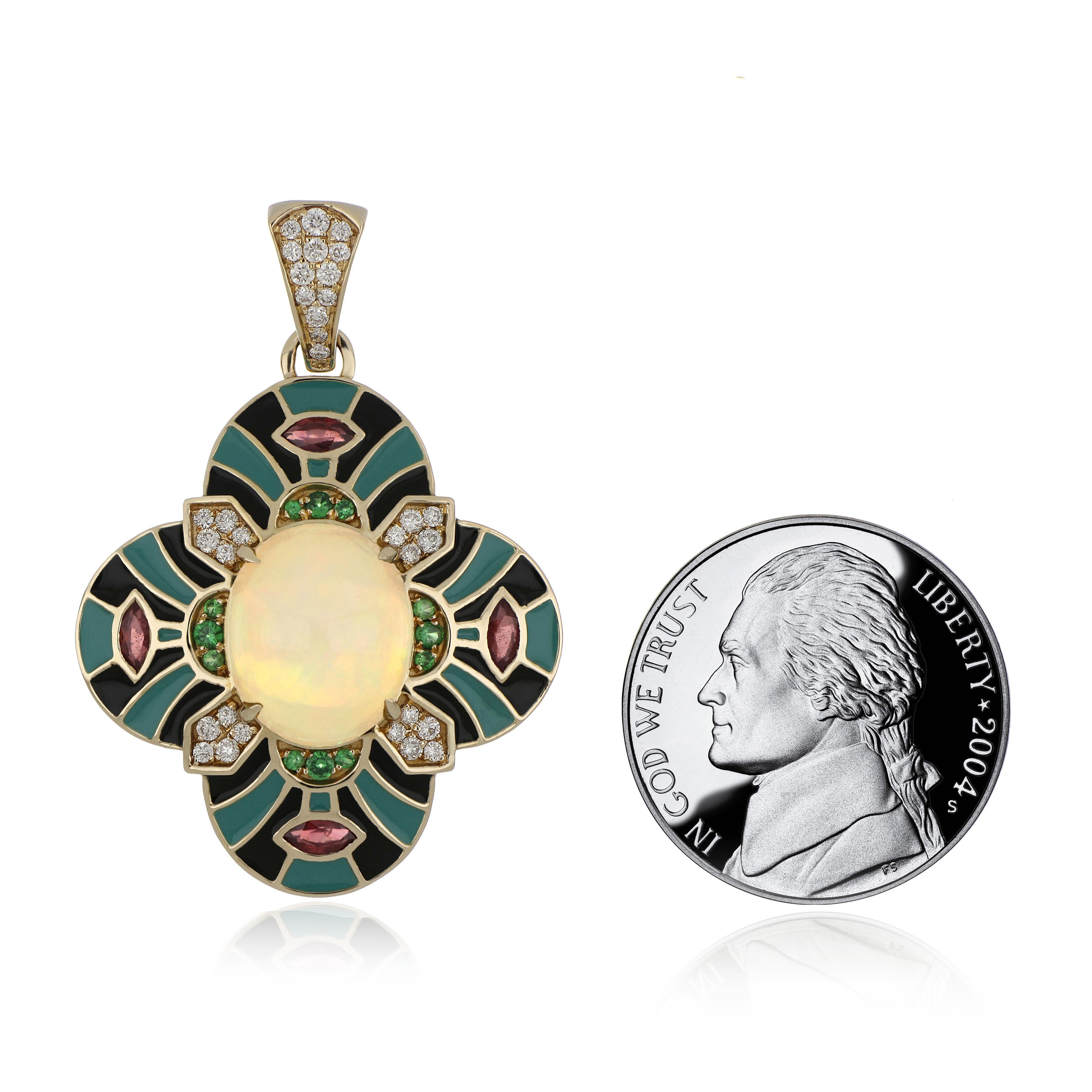 Elegant and exquisite Enamel Cocktail 14 K Pendant, center set with 2.89 Cts. Oval Cabochon Ethiopian Opal, accented with Diamonds, weighing approx. 0.12 Cts and Surrounded with 0.49 Cts of Marquise Cut Ruby and  0.11 Cts, of Tsavorite Beautifully