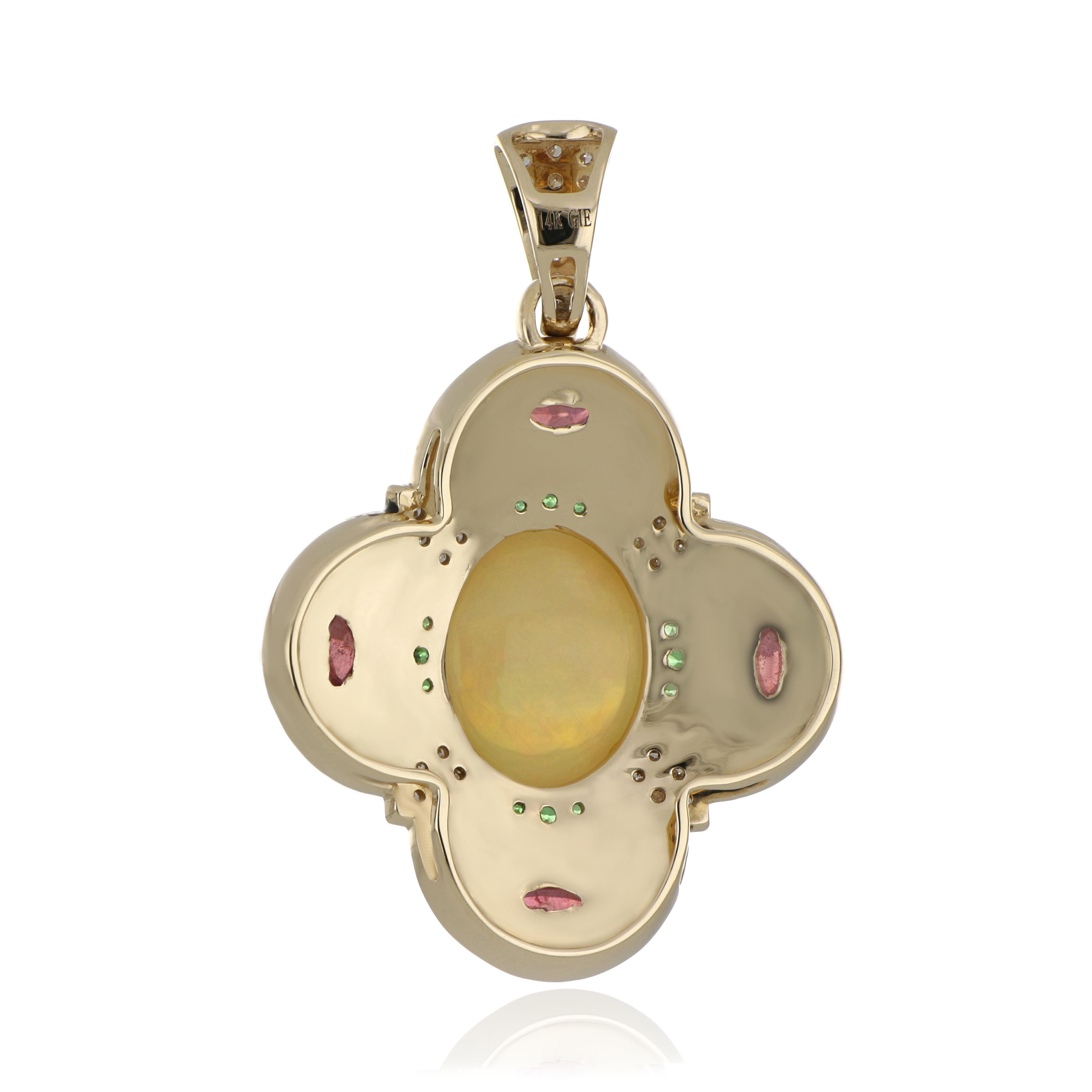 Multi Stone and Diamond Studded Enamel Pendant in 14 Karat Yellow Gold In New Condition For Sale In JAIPUR, IN
