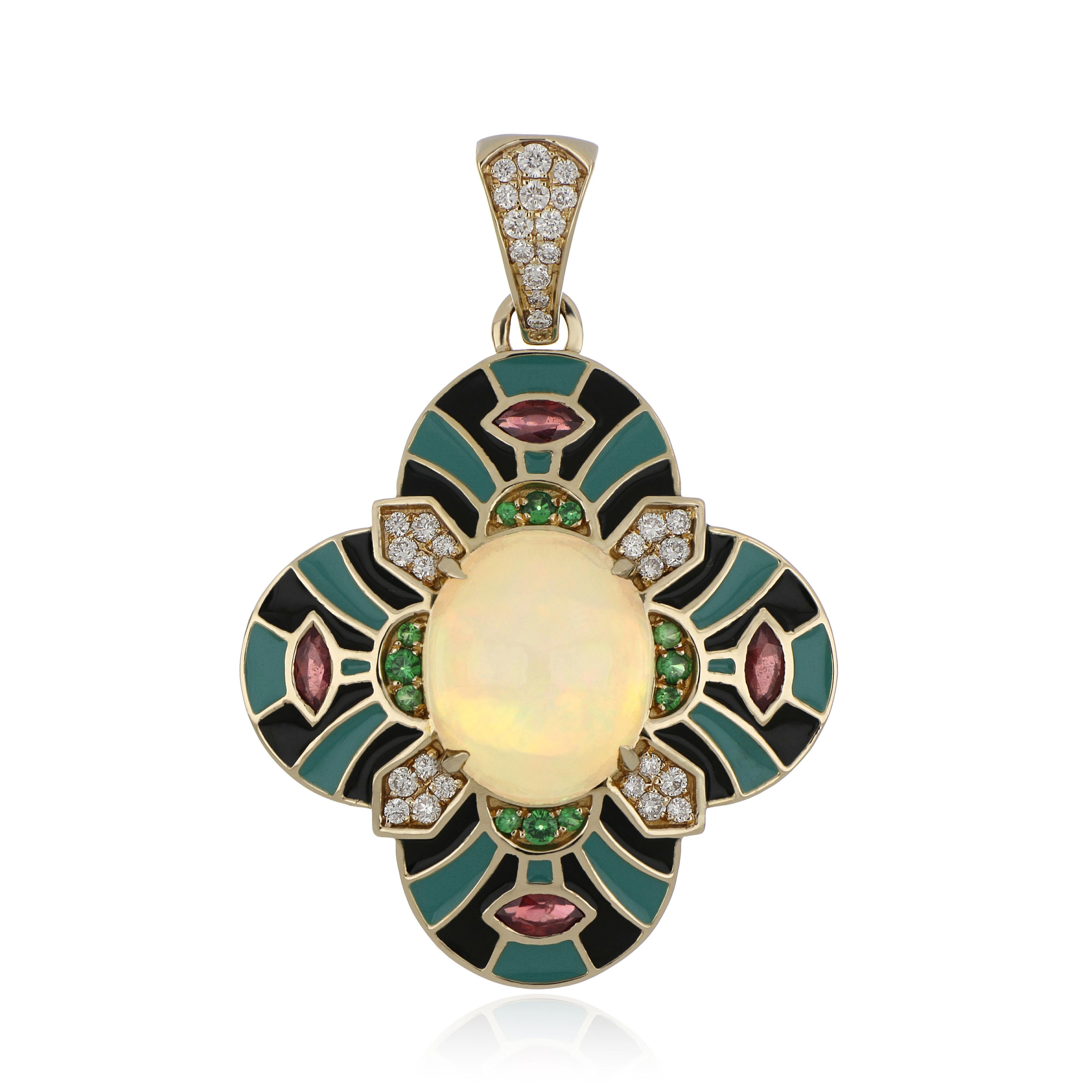 Contemporary Multi Stone and Diamond Studded Enamel Pendant in 14 Karat Yellow Gold For Sale