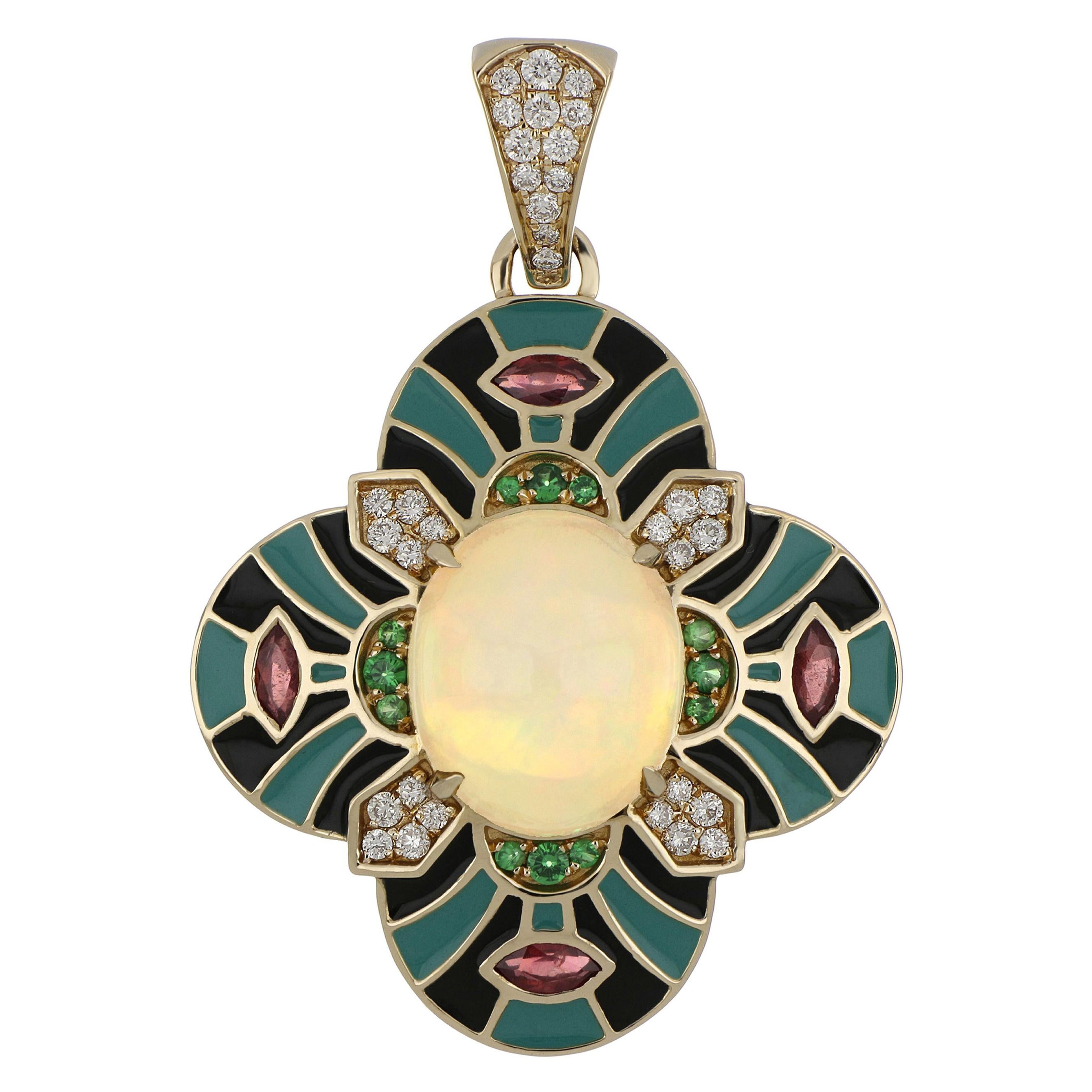 Multi Stone and Diamond Studded Enamel Pendant in 14 Karat Yellow Gold For Sale