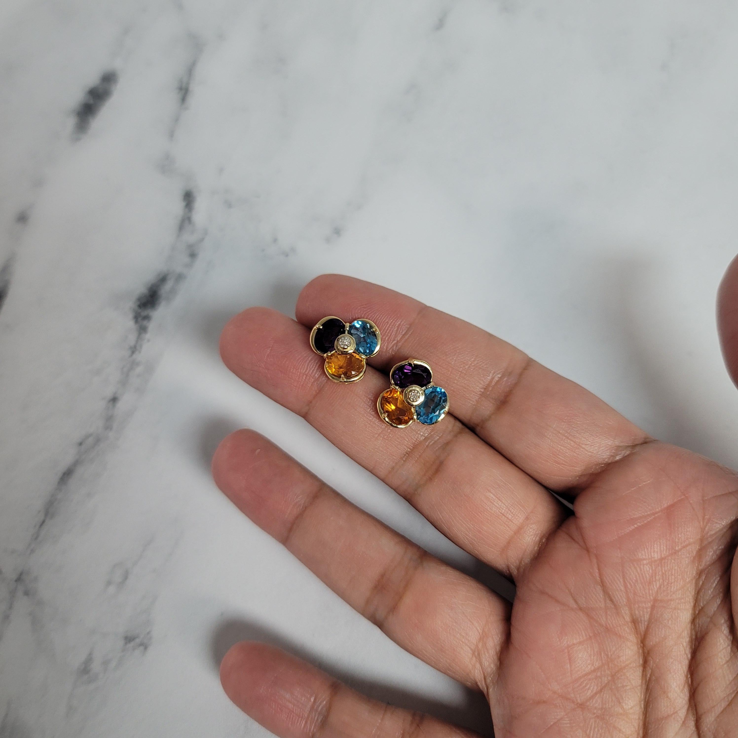 Oval Cut Multi-Stone Blue Topaz, Citrine, Amethyst Earrings For Sale