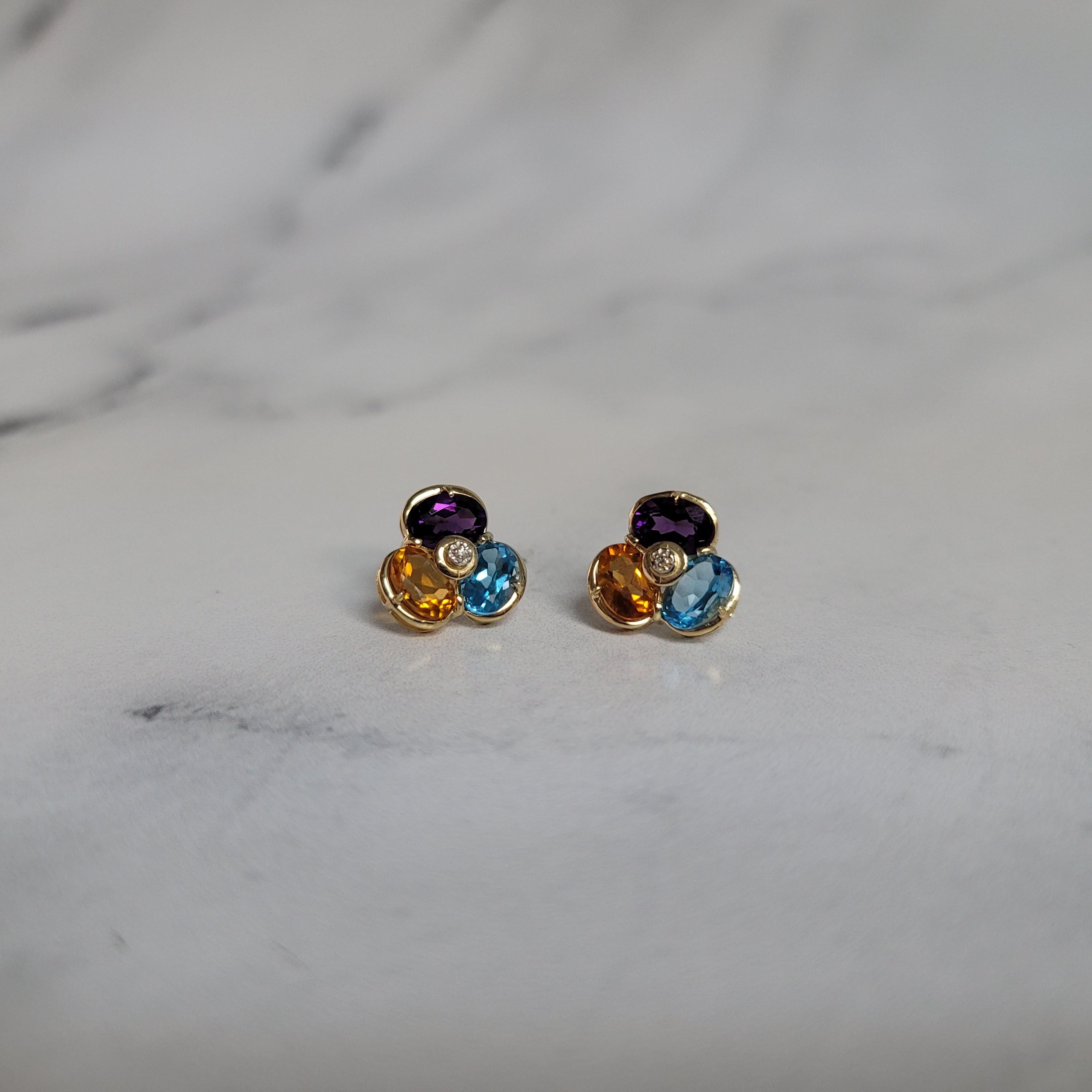 Women's or Men's Multi-Stone Blue Topaz, Citrine, Amethyst Earrings For Sale