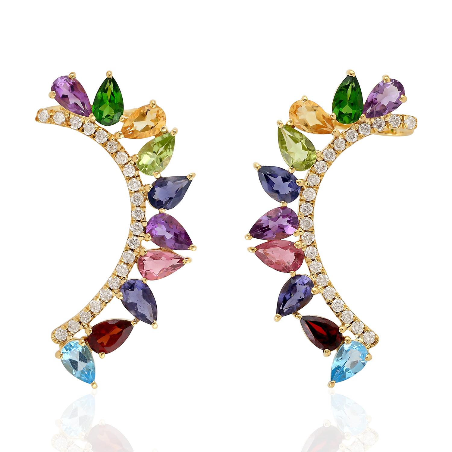 These earrings are handmade in 18-karat gold.  It is beautifully detailed with multi gemstone and .40 carats of diamonds.  Can we worn as studs & ear climbers.

FOLLOW  MEGHNA JEWELS storefront to view the latest collection & exclusive pieces. 