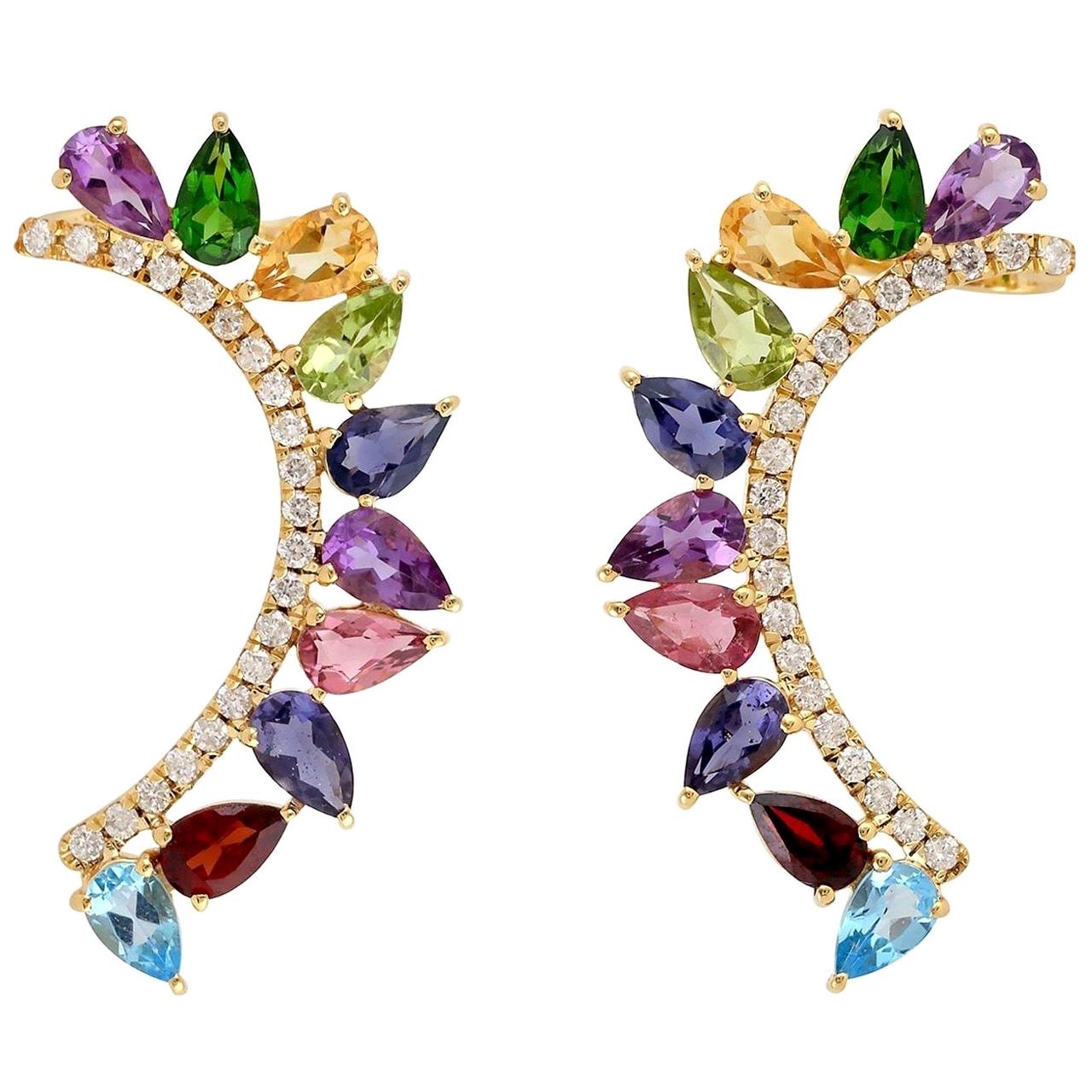 Multi Stone Diamond 18 Karat Gold Crescent Earrings For Sale