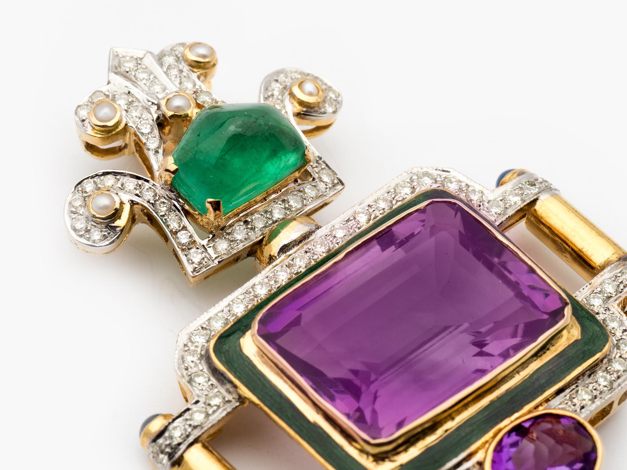 This unique pendant features an emerald cut amethyst weighing approximately 17.00 carats, set along with colored diamonds weighing approximately 1.50cts, emerald cabochons, sapphire cabochons and seed pearls accented with enamel.