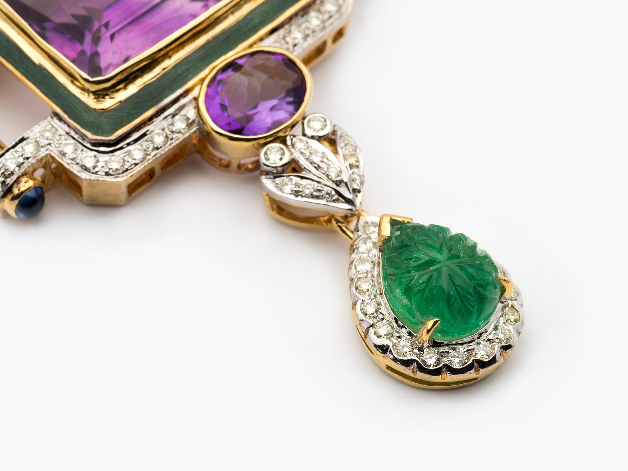 Emerald Cut Multi-Stone, Diamond, Colored Diamond, Seed Pearl, Enamel, Gold Pendant For Sale