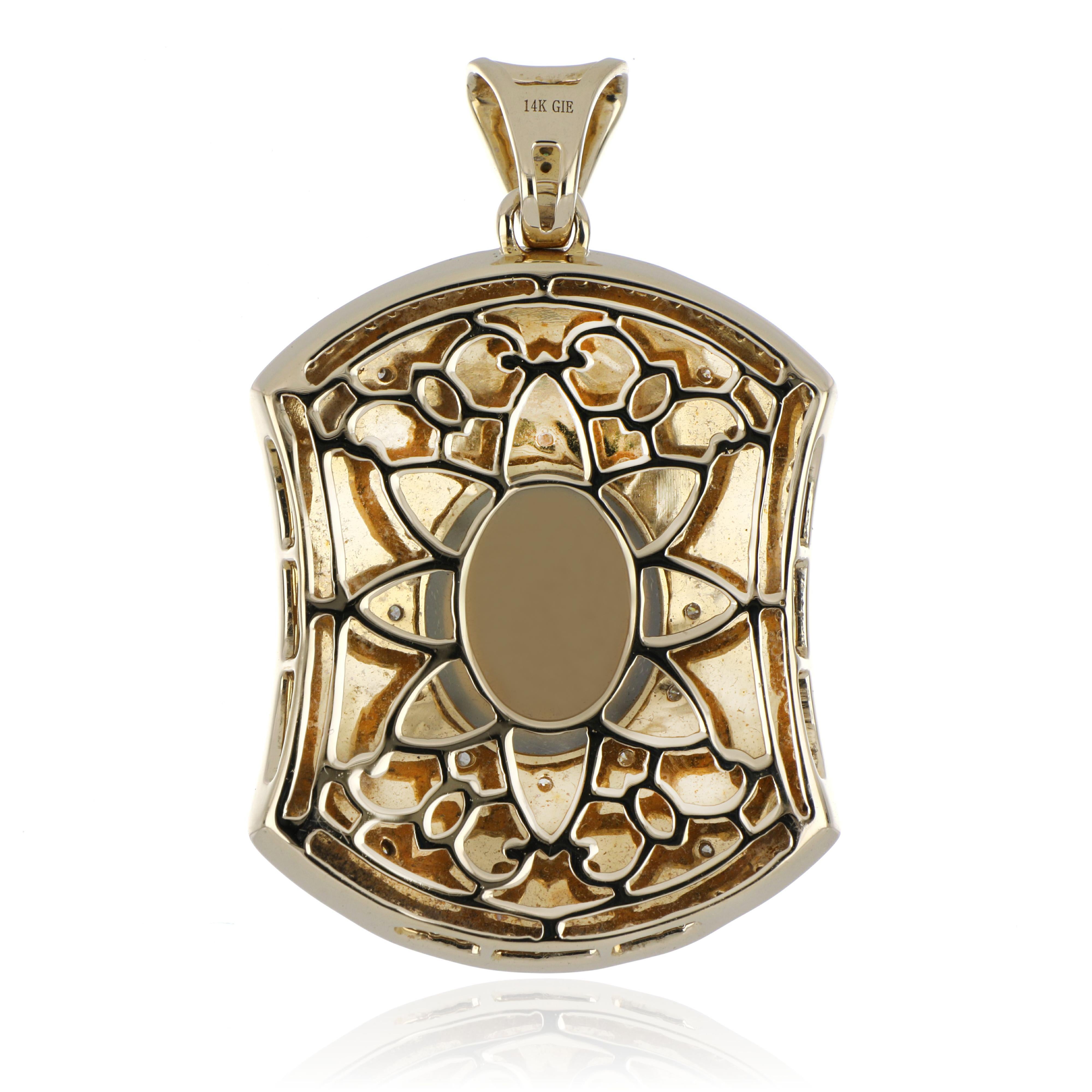 Elegant and exquisite Enamel Cocktail 14 K Pendant center set with 4.20 Cts. Cabochon Cut Grey Chalcedony Oval . Surrounded with Diamonds, weighing approx. 0.15 Cts. And accented with 0.34 Cts Tsavorite Beautifully Hand crafted in 14 Karat Yellow