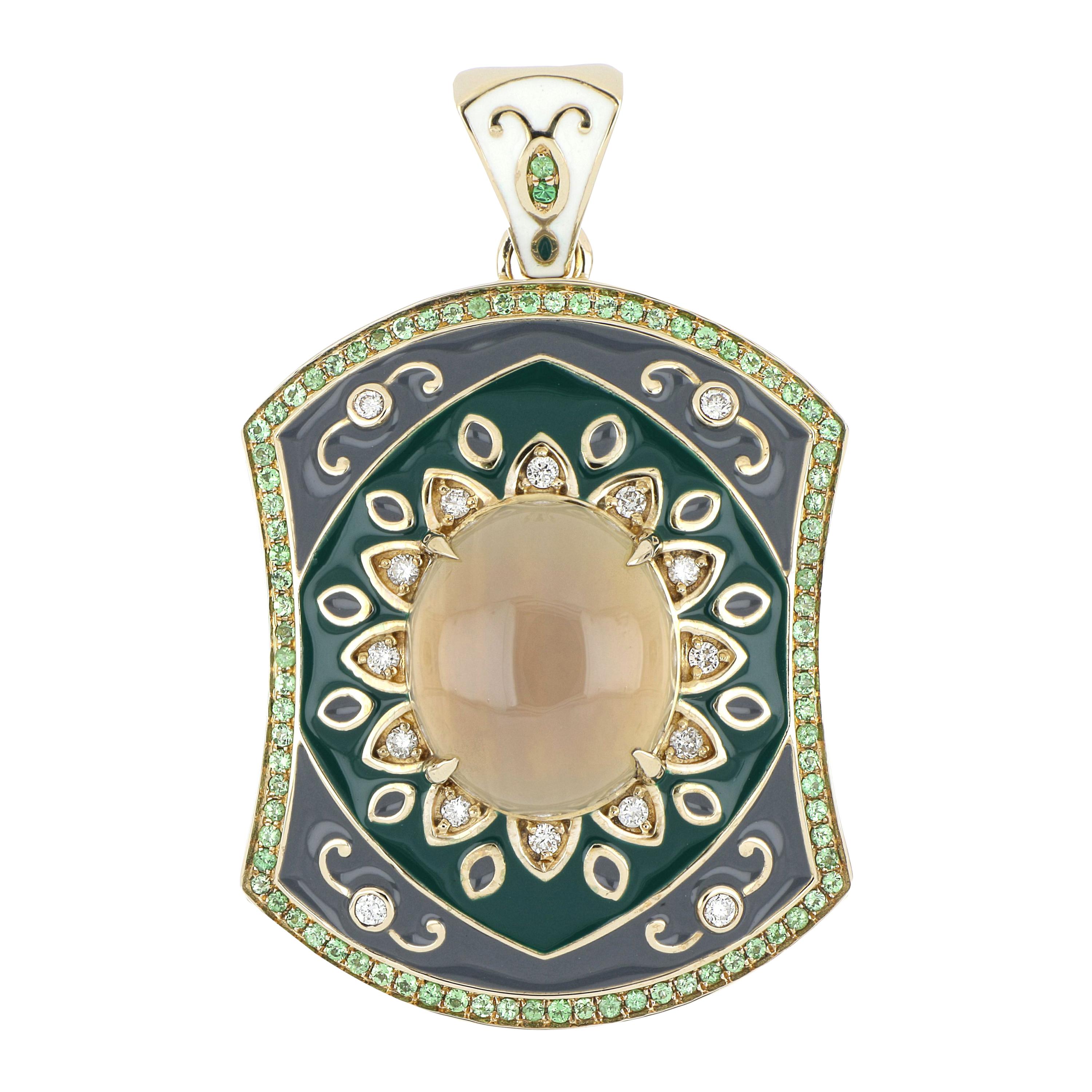 Multi Stone Enamel Pendant with Diamonds in 14 Karat Yellow Gold For Sale