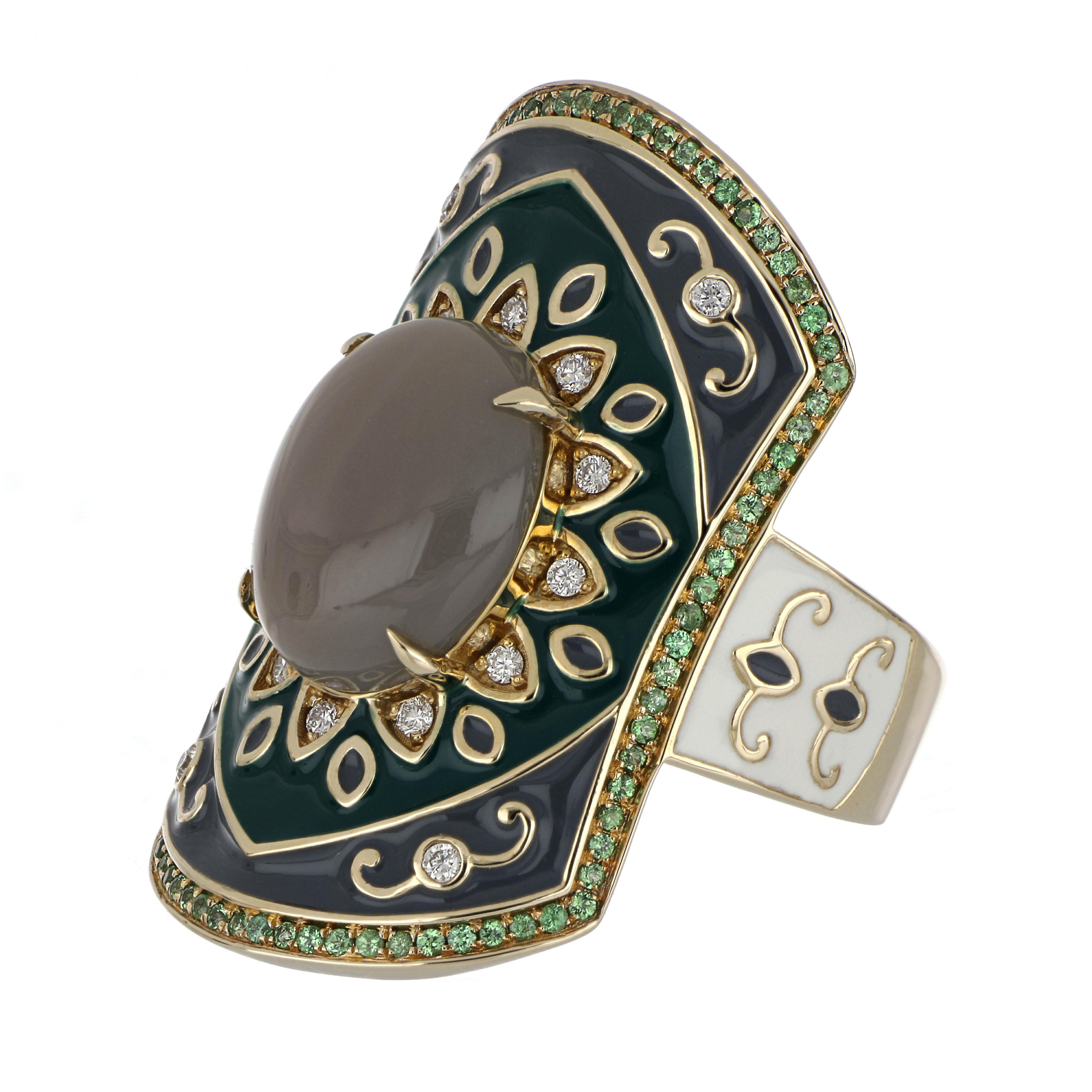 Elegant and Exquisite Enamel Cocktail 14 K Ring, center set with 4.20 Cts. Cabochon Cut Grey Chalcedony Oval . Surrounded with Diamonds, weighing approx. 0.15 cts. And accented with 0.34 Cts Tsavorite Beautifully Hand crafted in 14 Karat Yellow