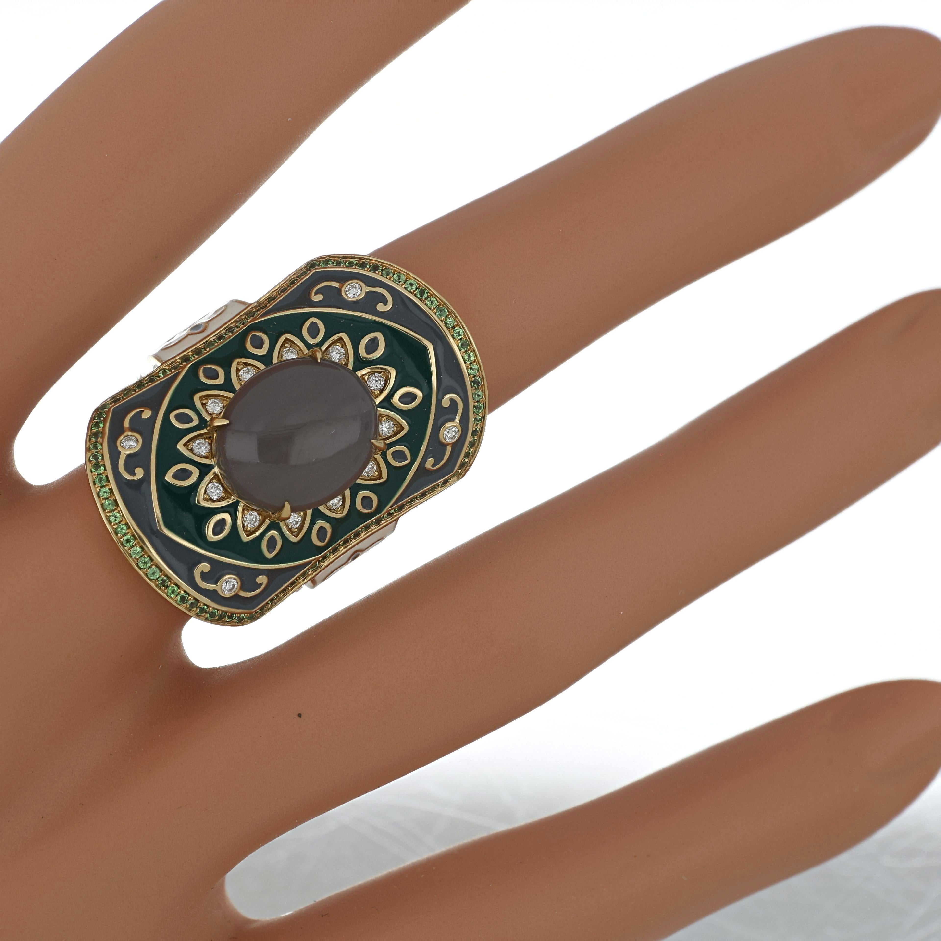 Multi Stone Enamel Ring with Diamonds in 14 Karat Yellow Gold In New Condition For Sale In JAIPUR, IN