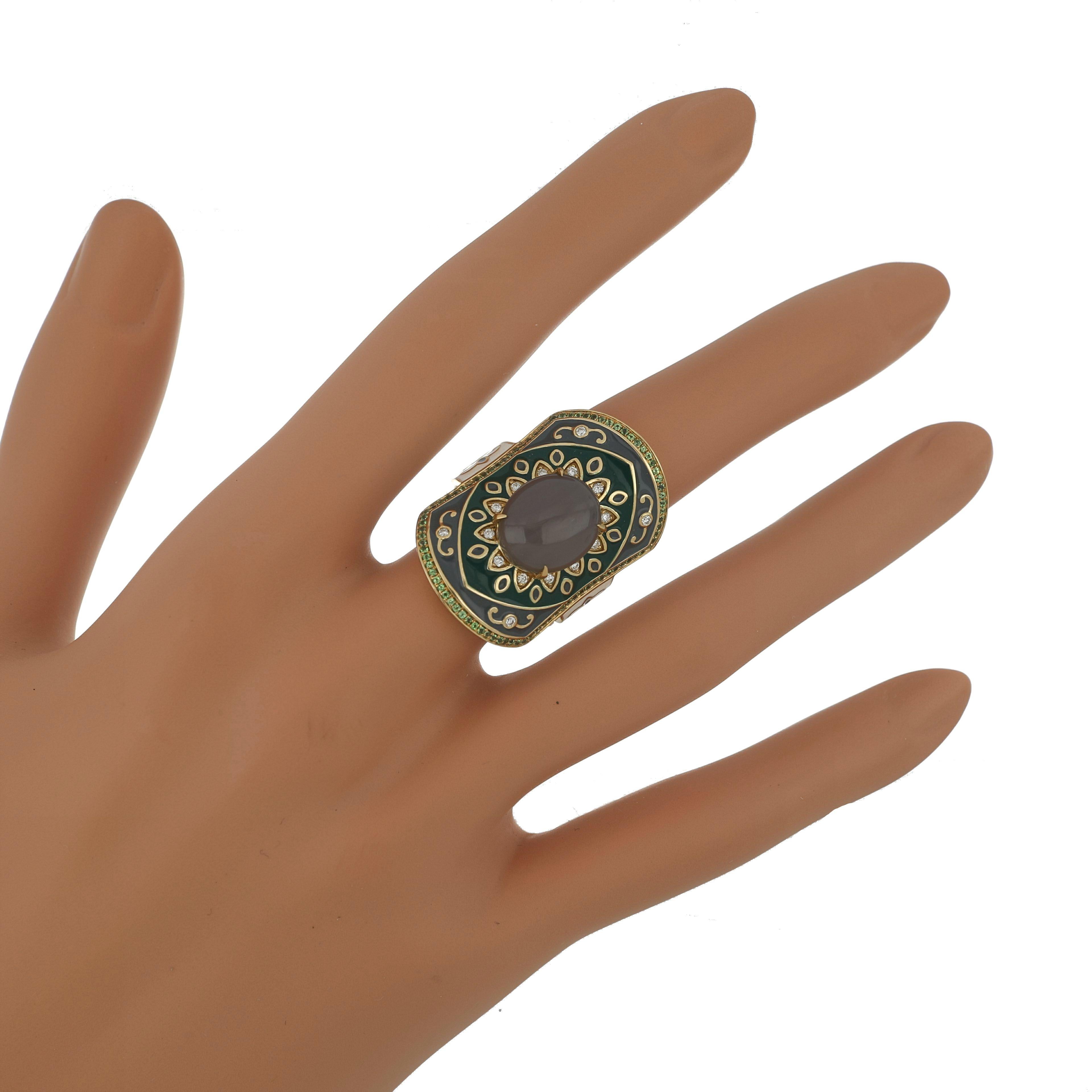 Women's Multi Stone Enamel Ring with Diamonds in 14 Karat Yellow Gold For Sale