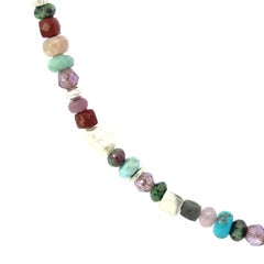 Multi Stone Necklace 22.5" Turquoise Pearl Moonstone Opal Pink Sapphire Quartz